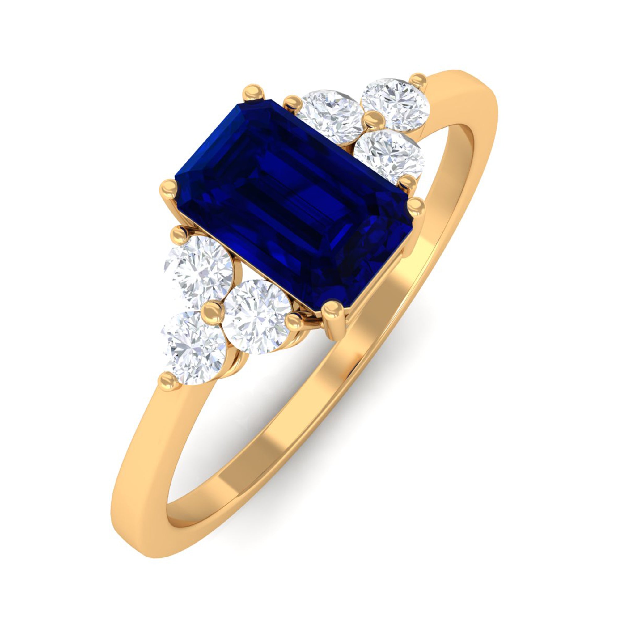 Emerald Cut Created Blue Sapphire Solitaire Ring with Diamond Trio Lab Created Blue Sapphire - ( AAAA ) - Quality - Rosec Jewels