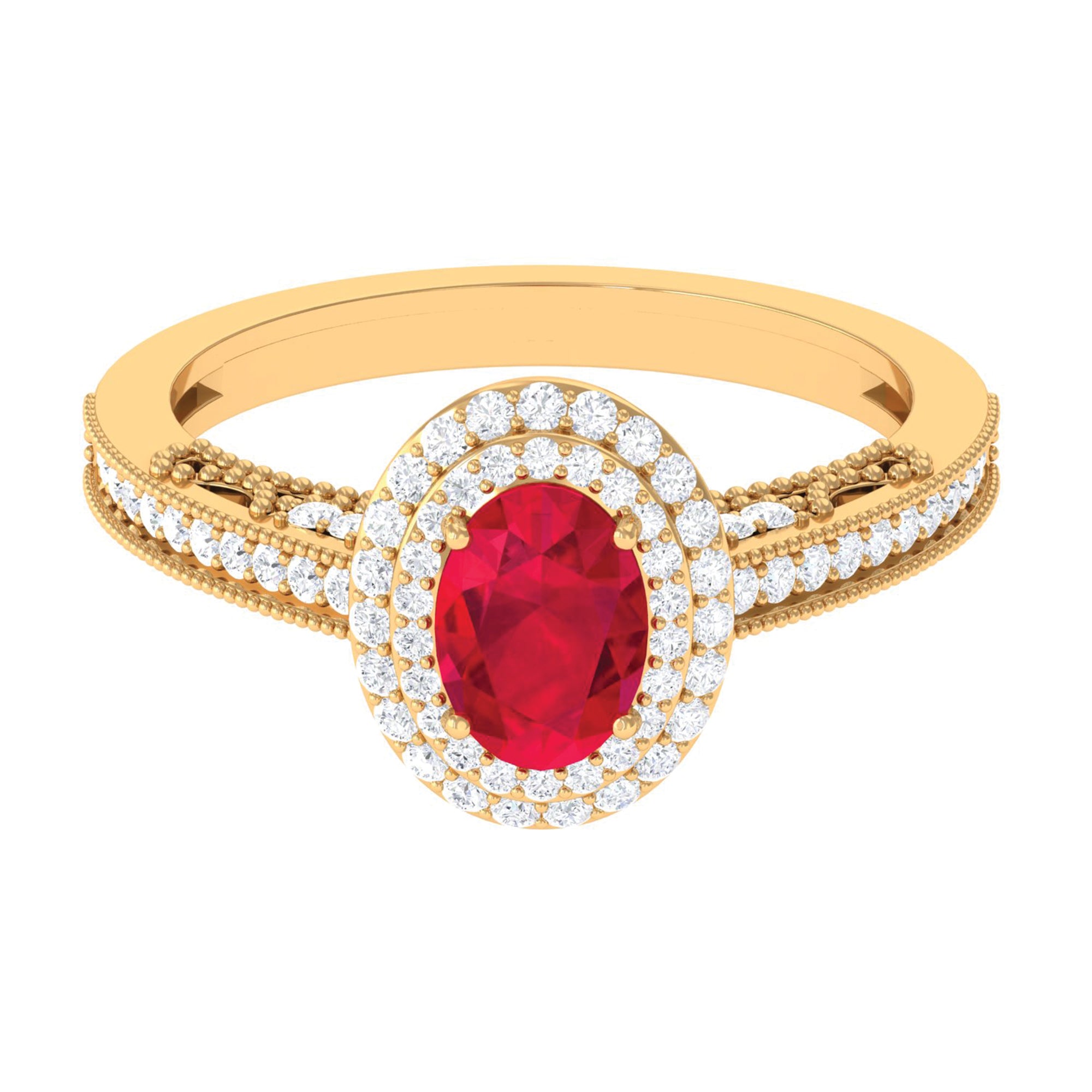 Lab-Created Ruby Beaded Engagement Ring with Diamond Lab Created Ruby - ( AAAA ) - Quality - Rosec Jewels