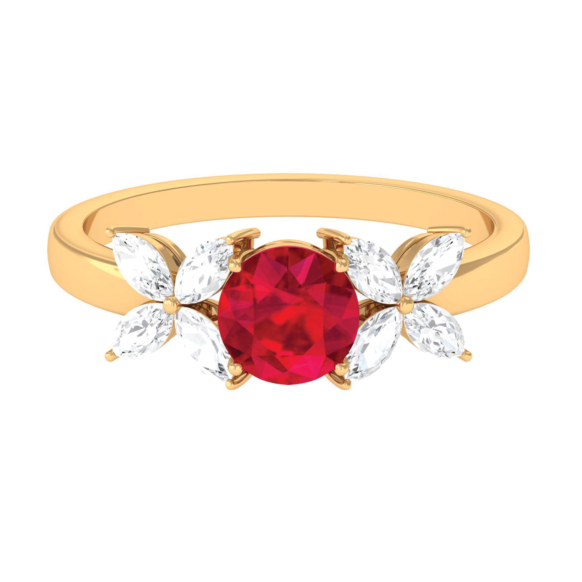 Round Created Ruby Floral Engagement Ring with Moissanite Accent Lab Created Ruby - ( AAAA ) - Quality - Rosec Jewels