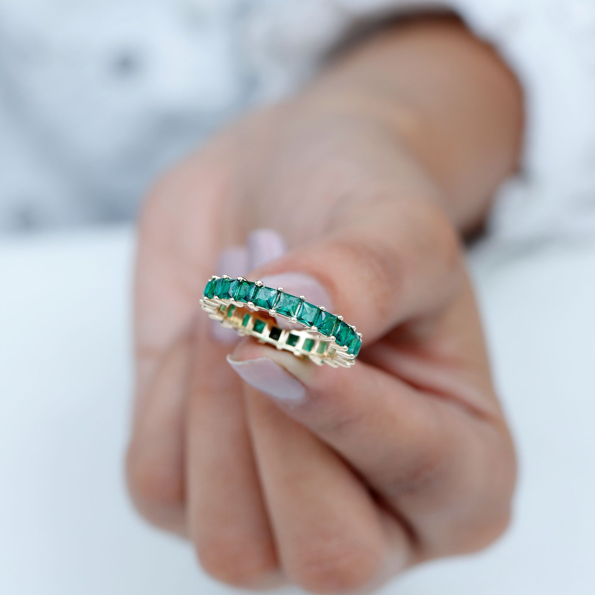 Princess Cut Lab Grown Emerald Full Eternity Ring Lab Created Emerald - ( AAAA ) - Quality - Rosec Jewels