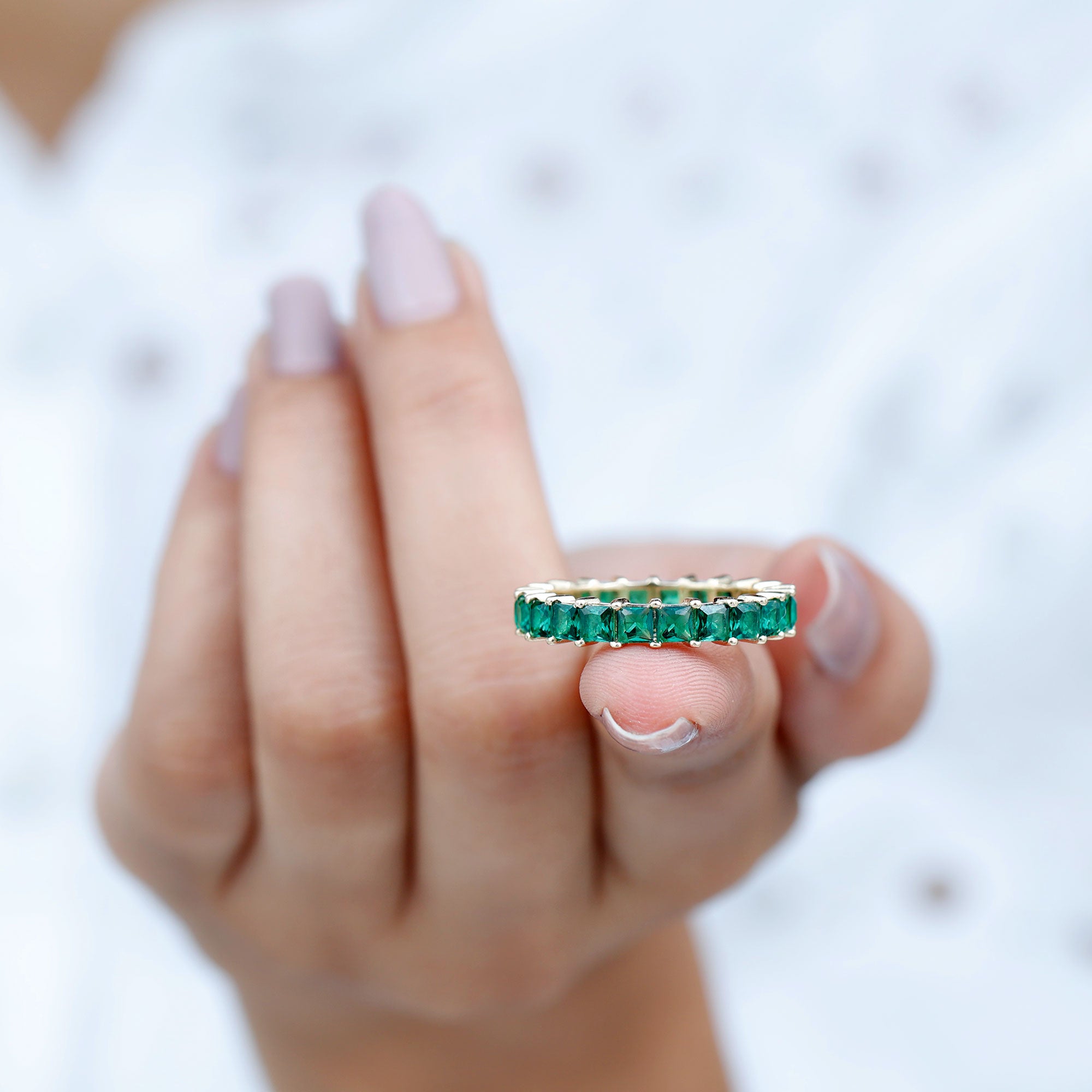 Princess Cut Lab Grown Emerald Full Eternity Ring Lab Created Emerald - ( AAAA ) - Quality - Rosec Jewels