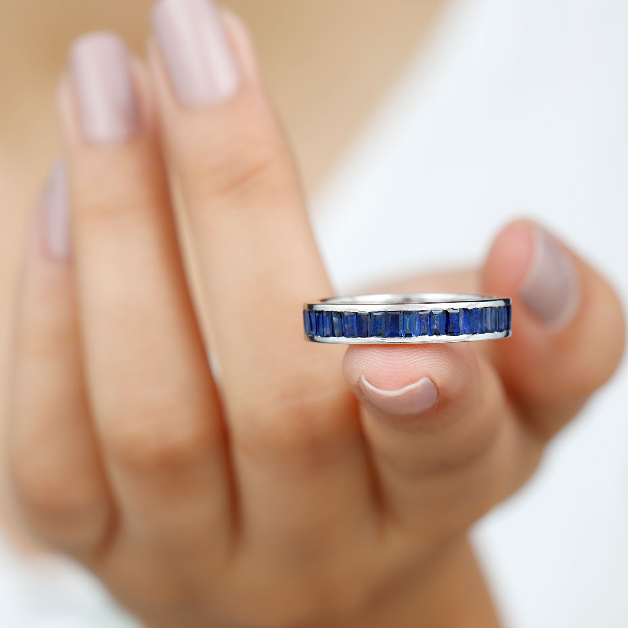 Baguette Cut Created Blue Sapphire Semi Eternity Ring in Channel Setting Lab Created Blue Sapphire - ( AAAA ) - Quality - Rosec Jewels