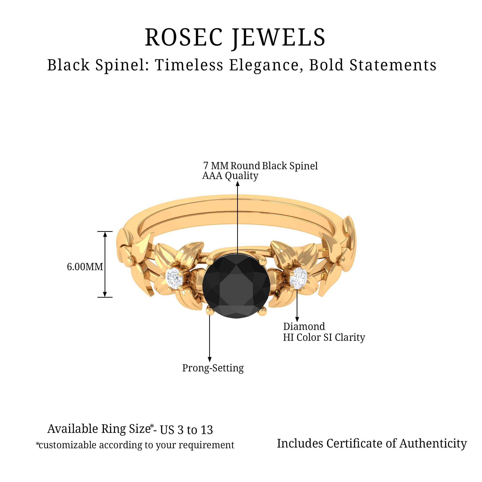 Black Spinel Floral Solitaire Ring with Diamond Black Spinel - ( AAA ) - Quality - Rosec Jewels