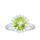 Round Peridot Simple Halo Engagement Ring with Diamond Peridot - ( AAA ) - Quality - Rosec Jewels