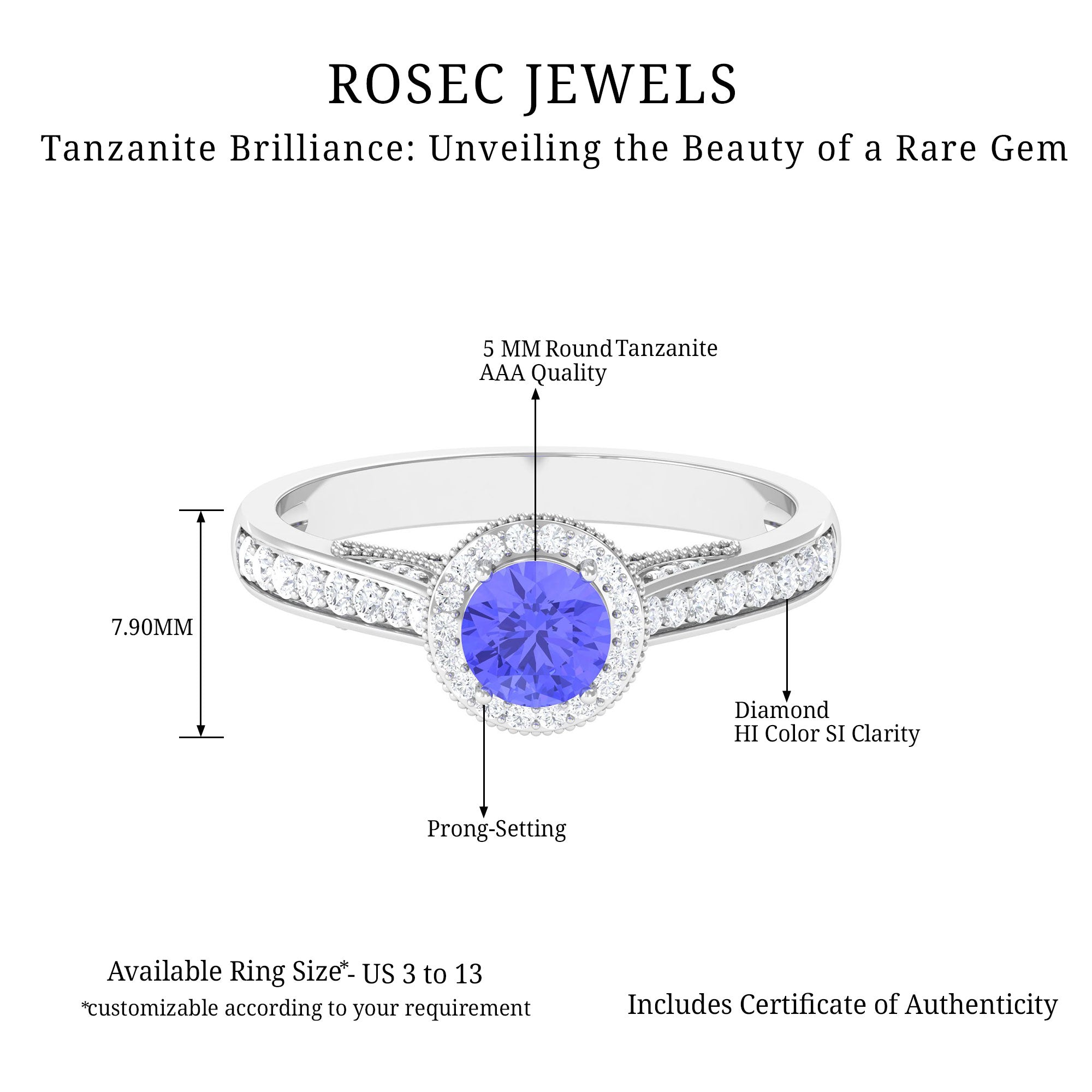 1 CT Tanzanite Classic Halo Engagement Ring with Diamond Tanzanite - ( AAA ) - Quality - Rosec Jewels