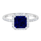 Asscher Cut Created Blue Sapphire Classic Halo Engagement Ring with Diamond Lab Created Blue Sapphire - ( AAAA ) - Quality - Rosec Jewels