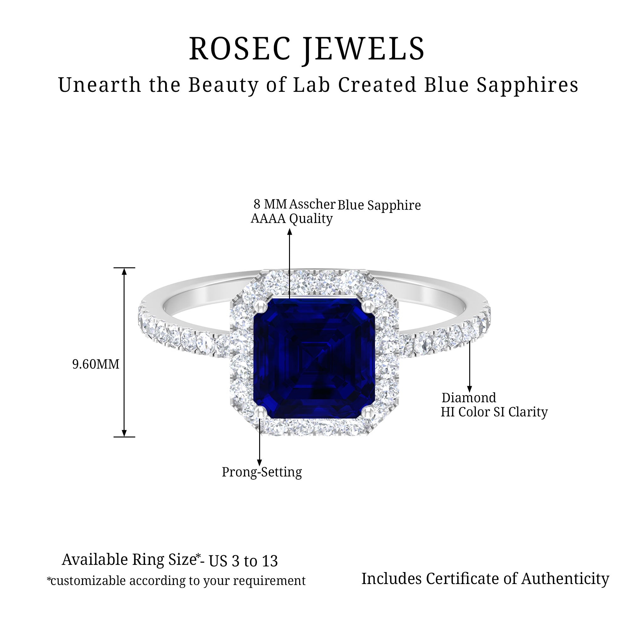 Asscher Cut Created Blue Sapphire Classic Halo Engagement Ring with Diamond Lab Created Blue Sapphire - ( AAAA ) - Quality - Rosec Jewels