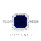 Asscher Cut Created Blue Sapphire Classic Halo Engagement Ring with Diamond Lab Created Blue Sapphire - ( AAAA ) - Quality - Rosec Jewels