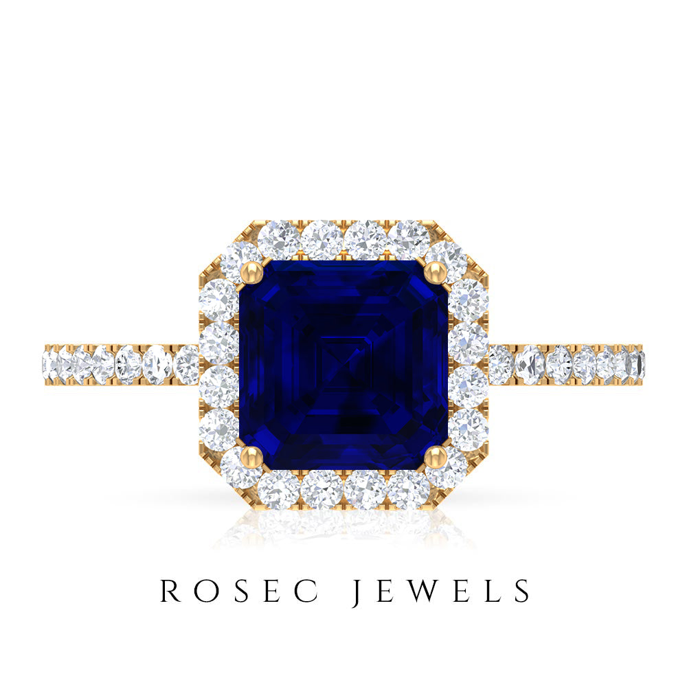 Asscher Cut Created Blue Sapphire Classic Halo Engagement Ring with Diamond Lab Created Blue Sapphire - ( AAAA ) - Quality - Rosec Jewels