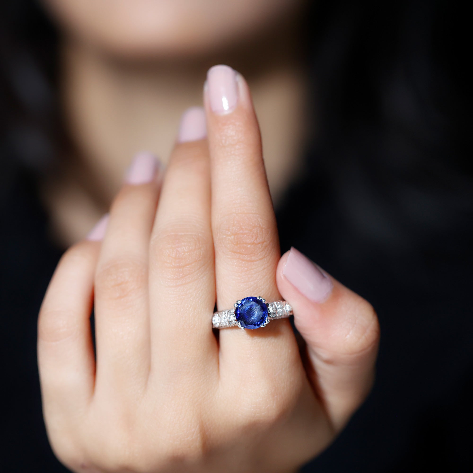 Solitaire Lab Grown Blue Sapphire Flower Engagement Ring with Diamond Lab Created Blue Sapphire - ( AAAA ) - Quality - Rosec Jewels