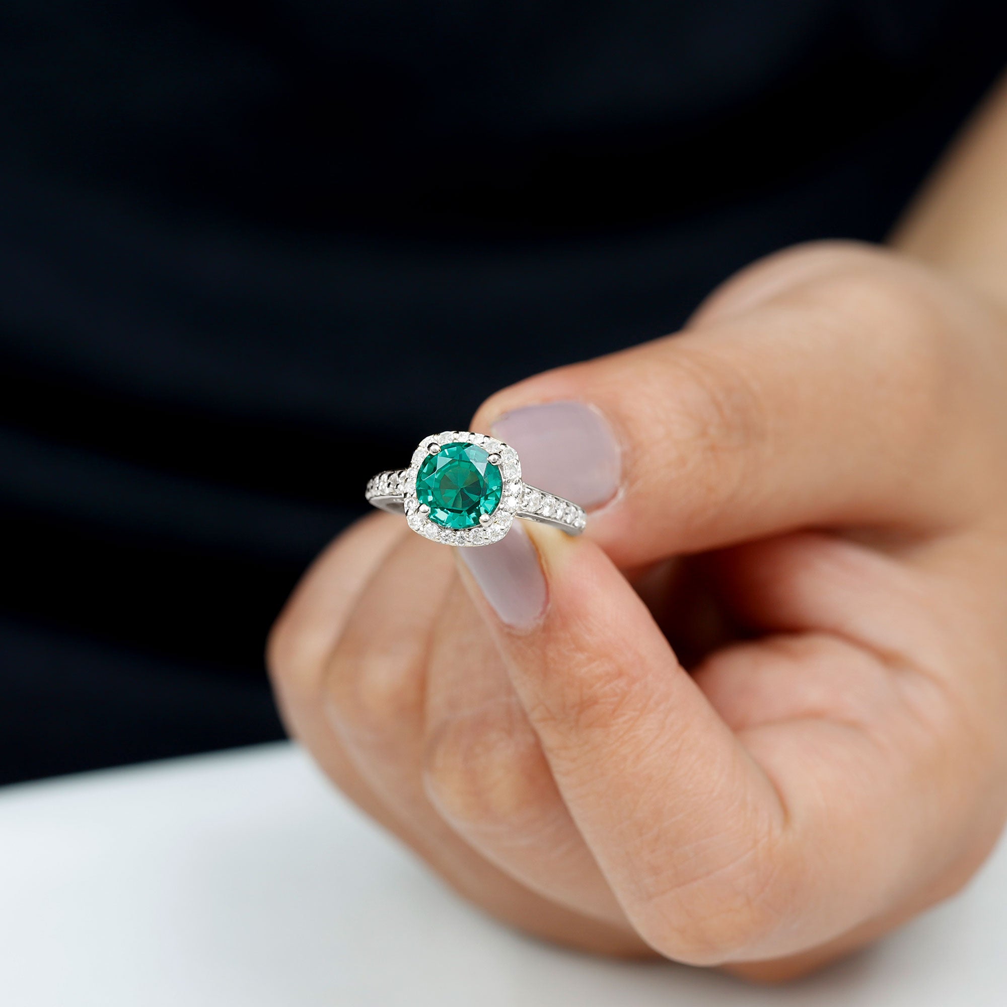 Rosec Jewels-Lab Grown Emerald and Diamond Classic Halo Engagement Ring