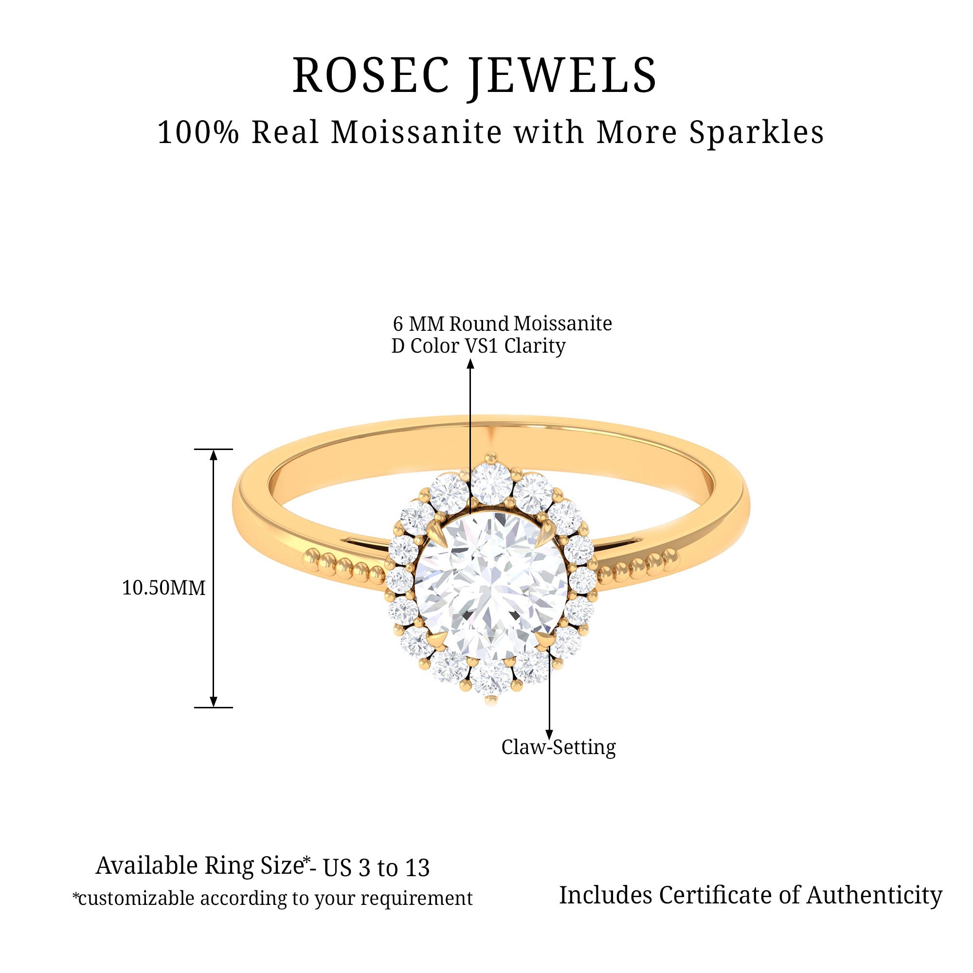 Certified Moissanite Halo Engagement Ring Moissanite - ( D-VS1 ) - Color and Clarity - Rosec Jewels