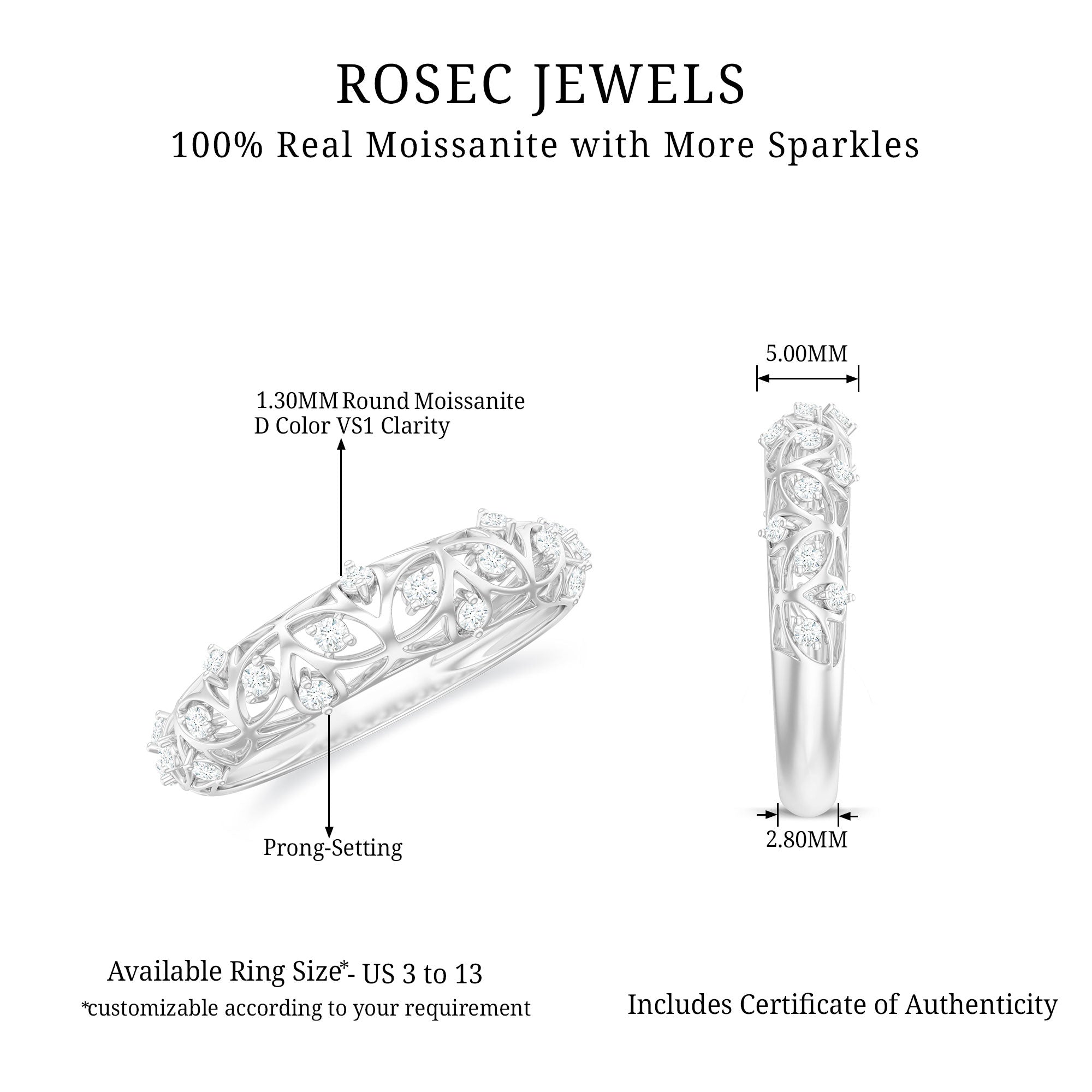 Round Moissanite Semi Eternity Band Ring with Gold Filigree Details Moissanite - ( D-VS1 ) - Color and Clarity - Rosec Jewels