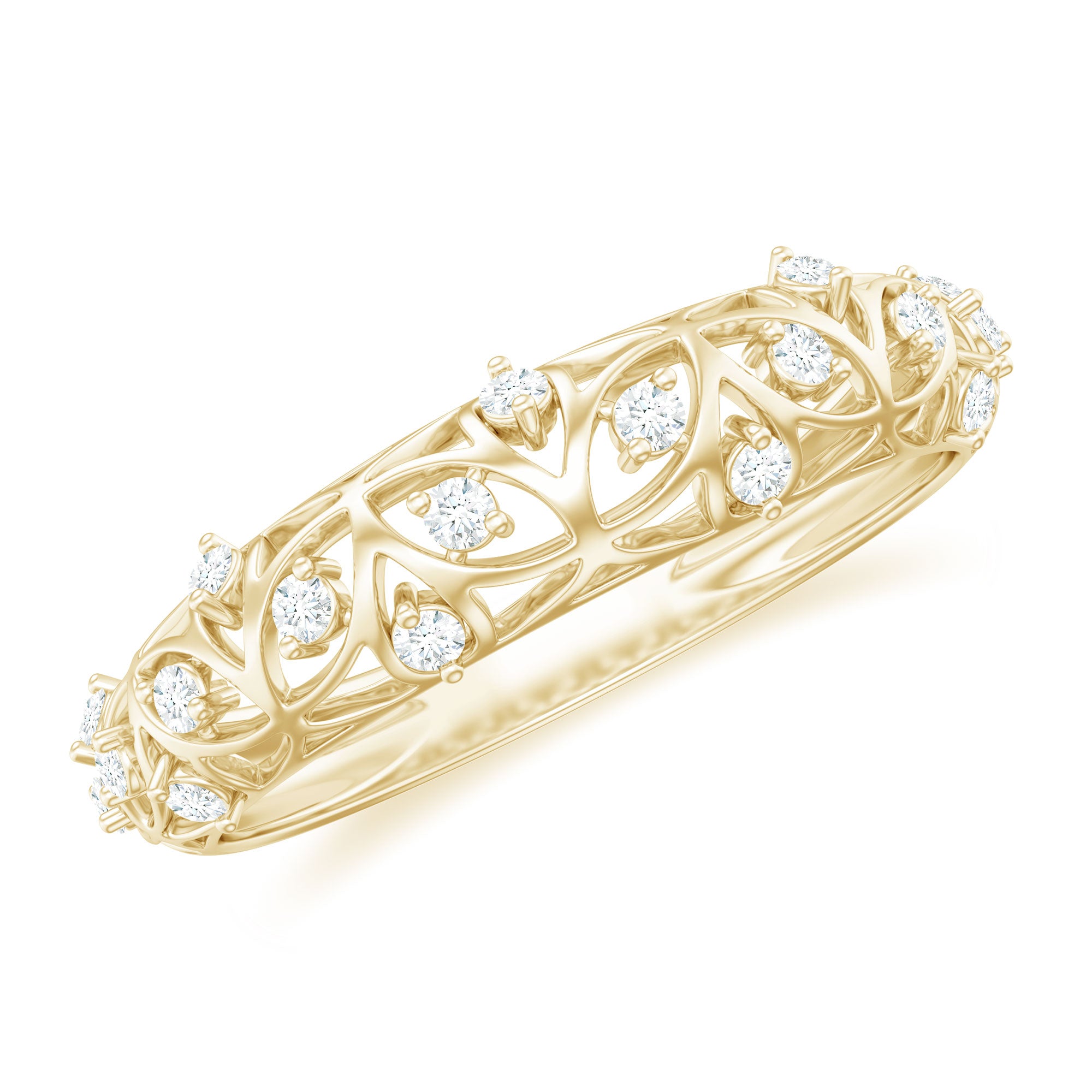 Round Moissanite Semi Eternity Band Ring with Gold Filigree Details Moissanite - ( D-VS1 ) - Color and Clarity - Rosec Jewels