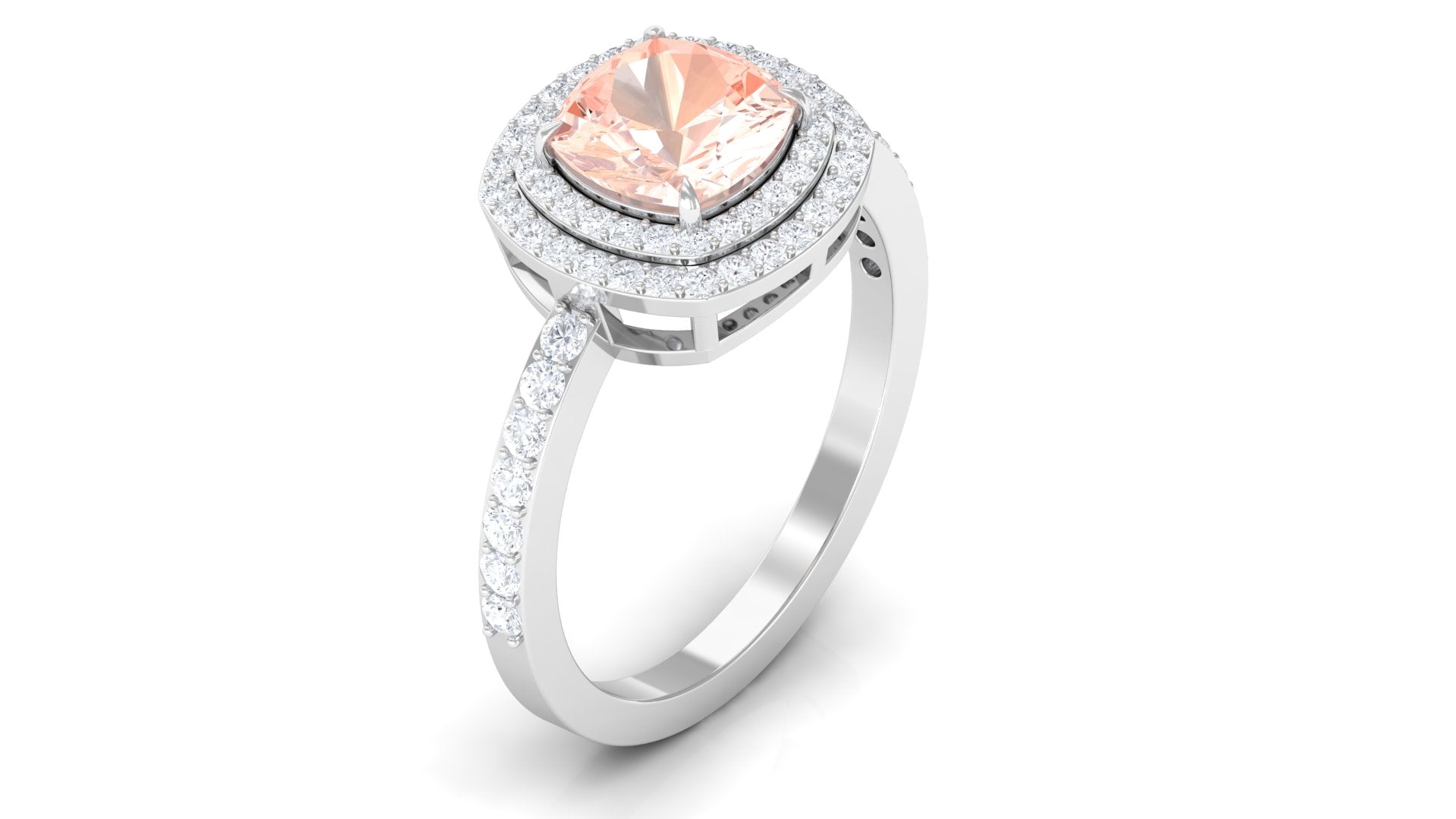 Cushion Cut Morganite Double Halo Engagement Ring with Moissanite Morganite - ( AAA ) - Quality - Rosec Jewels