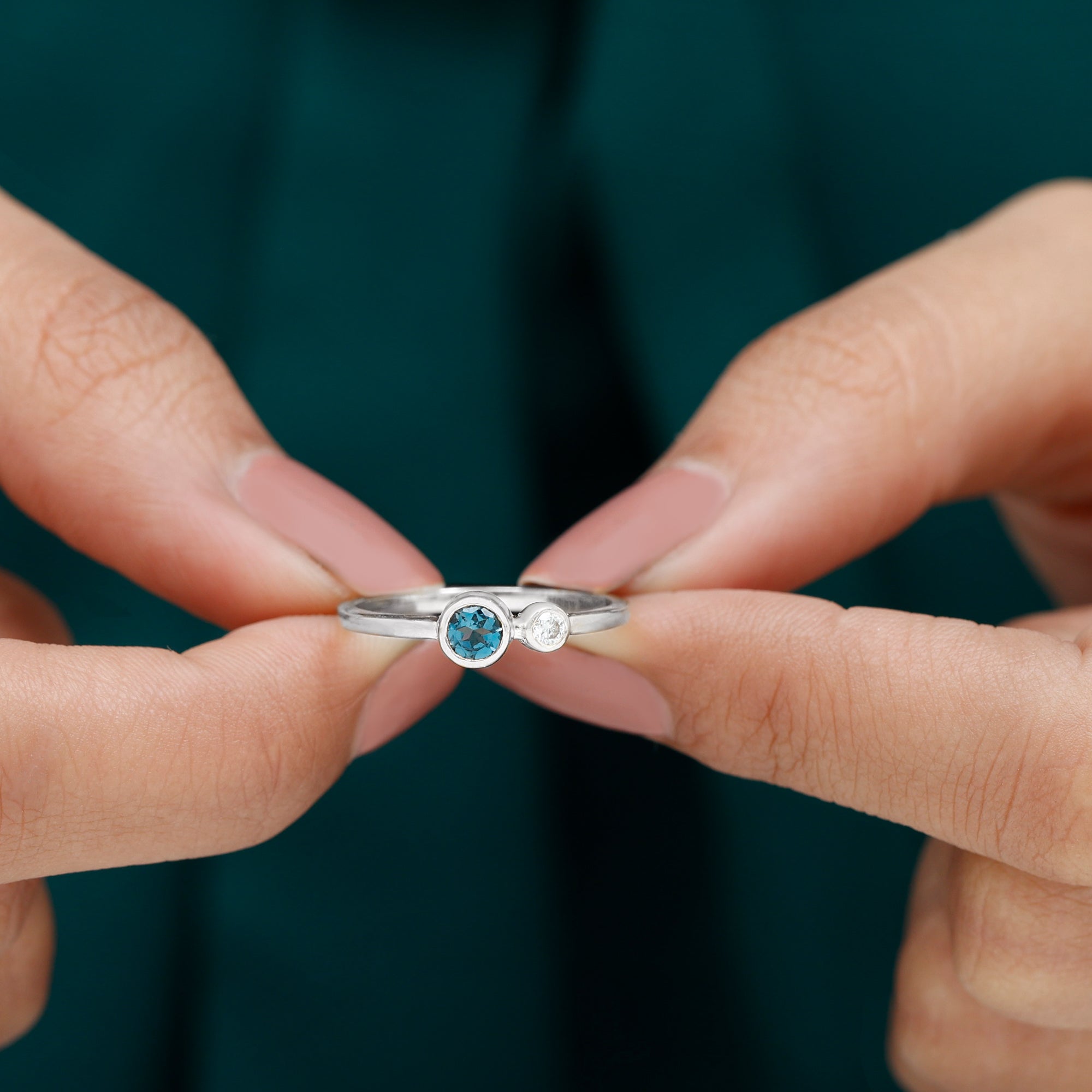 Moi et Toi London Blue Topaz and Moissanite Two Stone Minimal Ring London Blue Topaz - ( AAA ) - Quality - Rosec Jewels