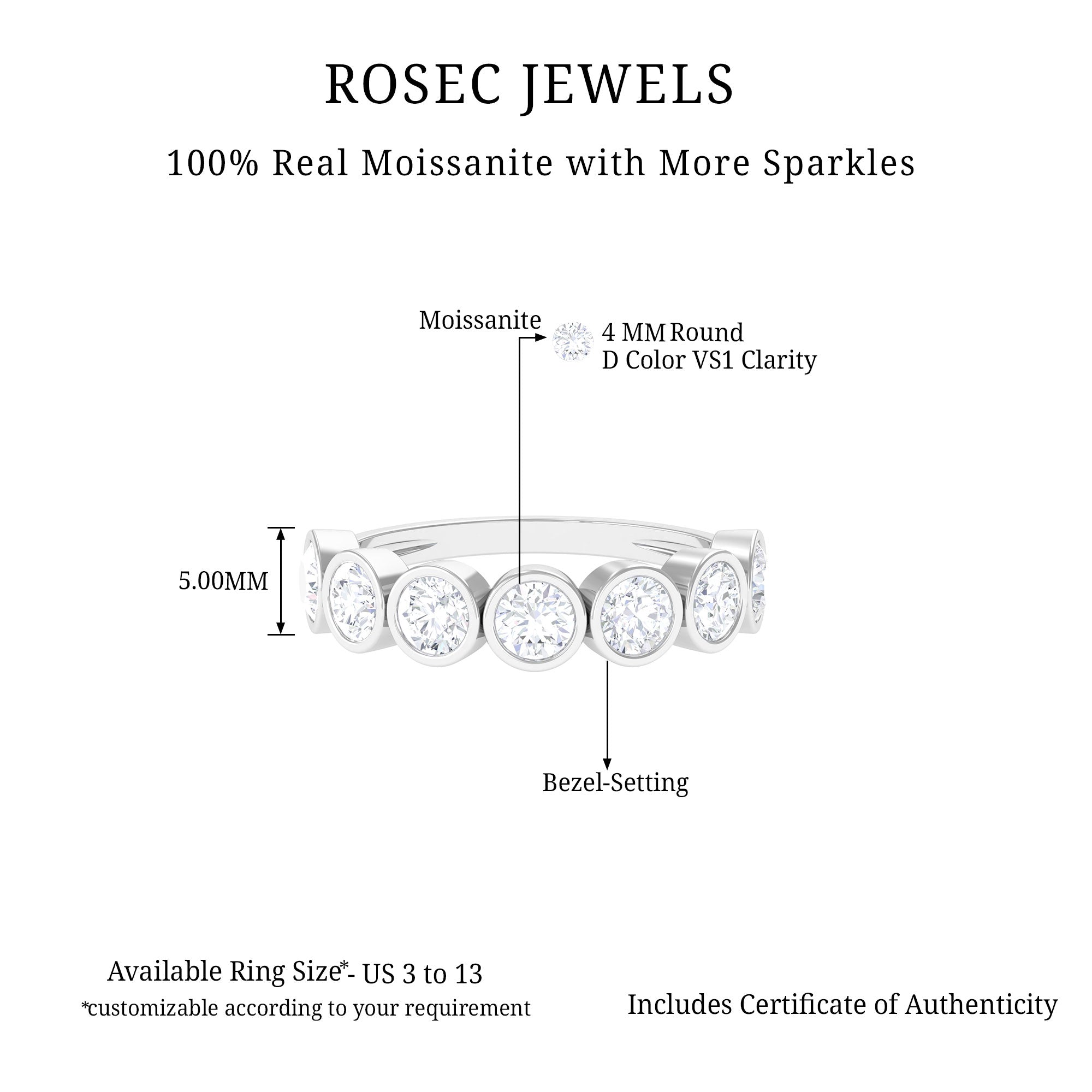 Round Moissanite Half Eternity Ring in Bezel Setting Moissanite - ( D-VS1 ) - Color and Clarity - Rosec Jewels