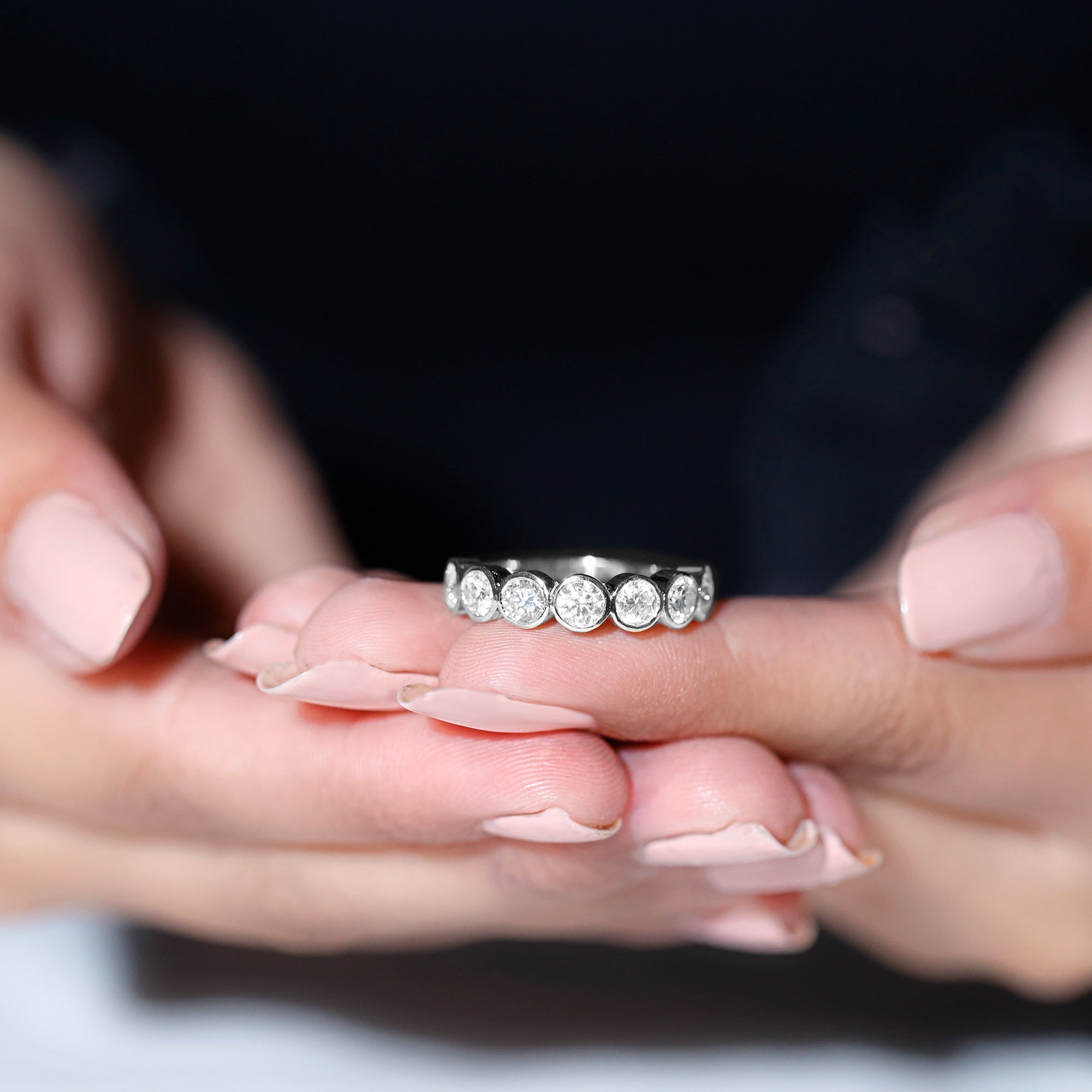 Round Moissanite Half Eternity Ring in Bezel Setting Moissanite - ( D-VS1 ) - Color and Clarity - Rosec Jewels