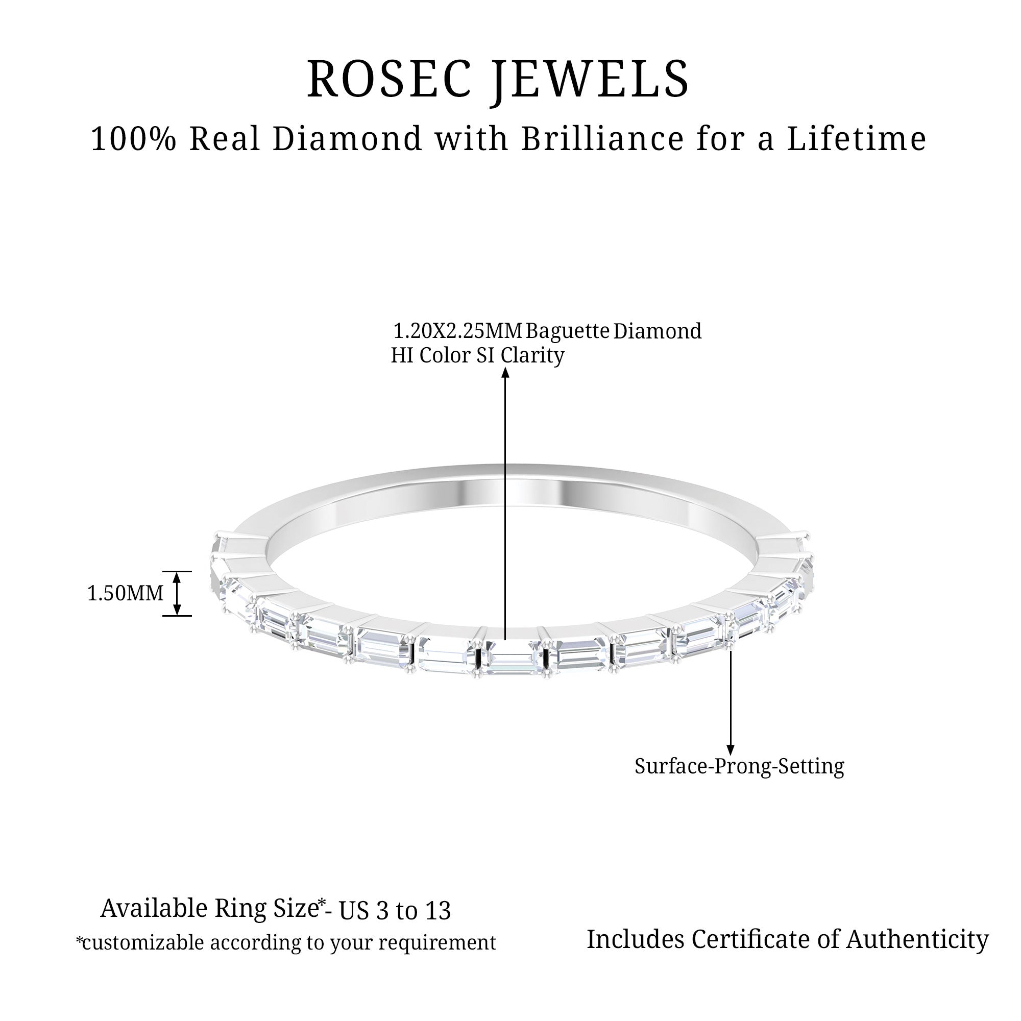 1/2 CT Diamond Stackable Ring in Shared Prong Setting Diamond - ( HI-SI ) - Color and Clarity - Rosec Jewels