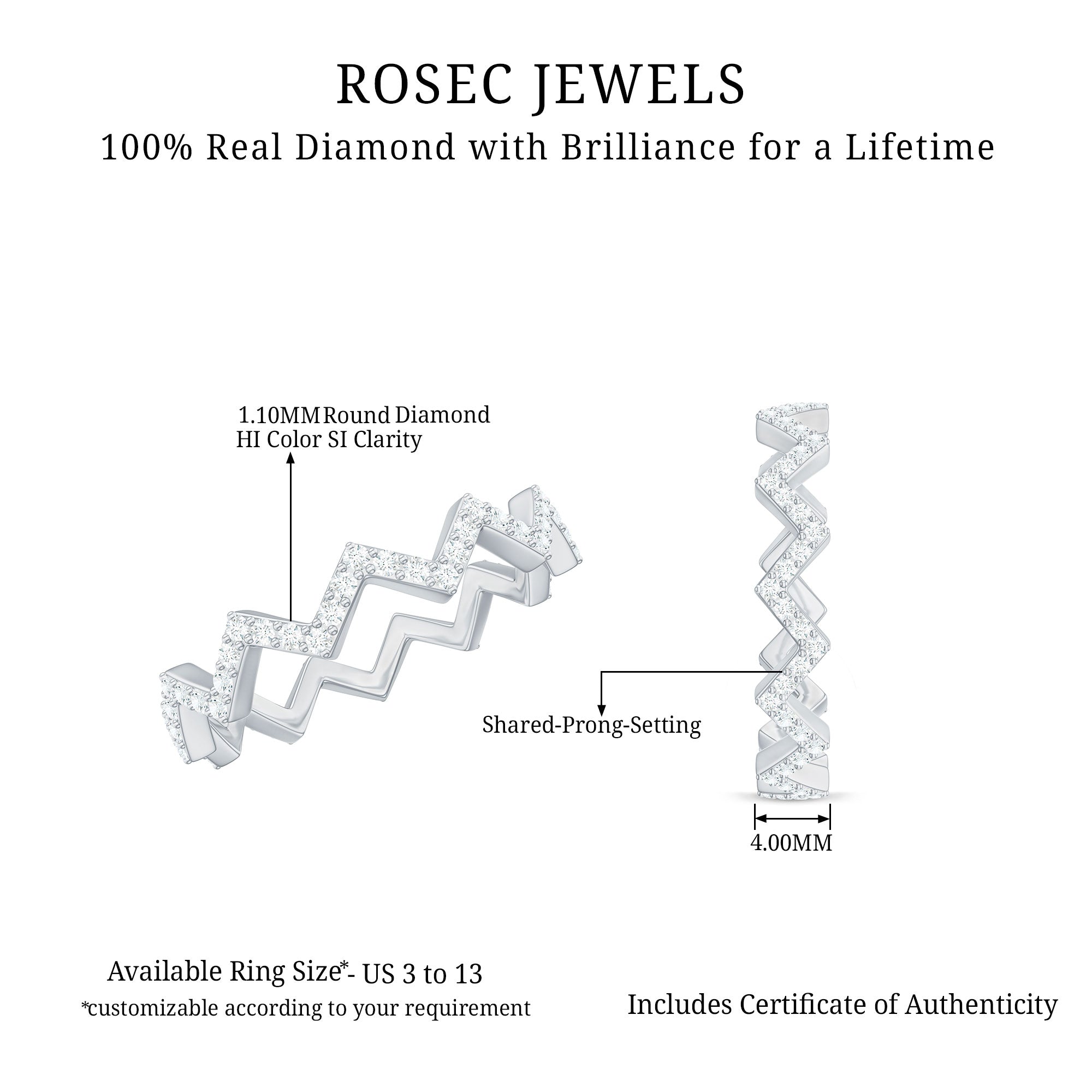 Minimal Natural Diamond Zig Zag Eternity Ring in Gold Diamond - ( HI-SI ) - Color and Clarity - Rosec Jewels