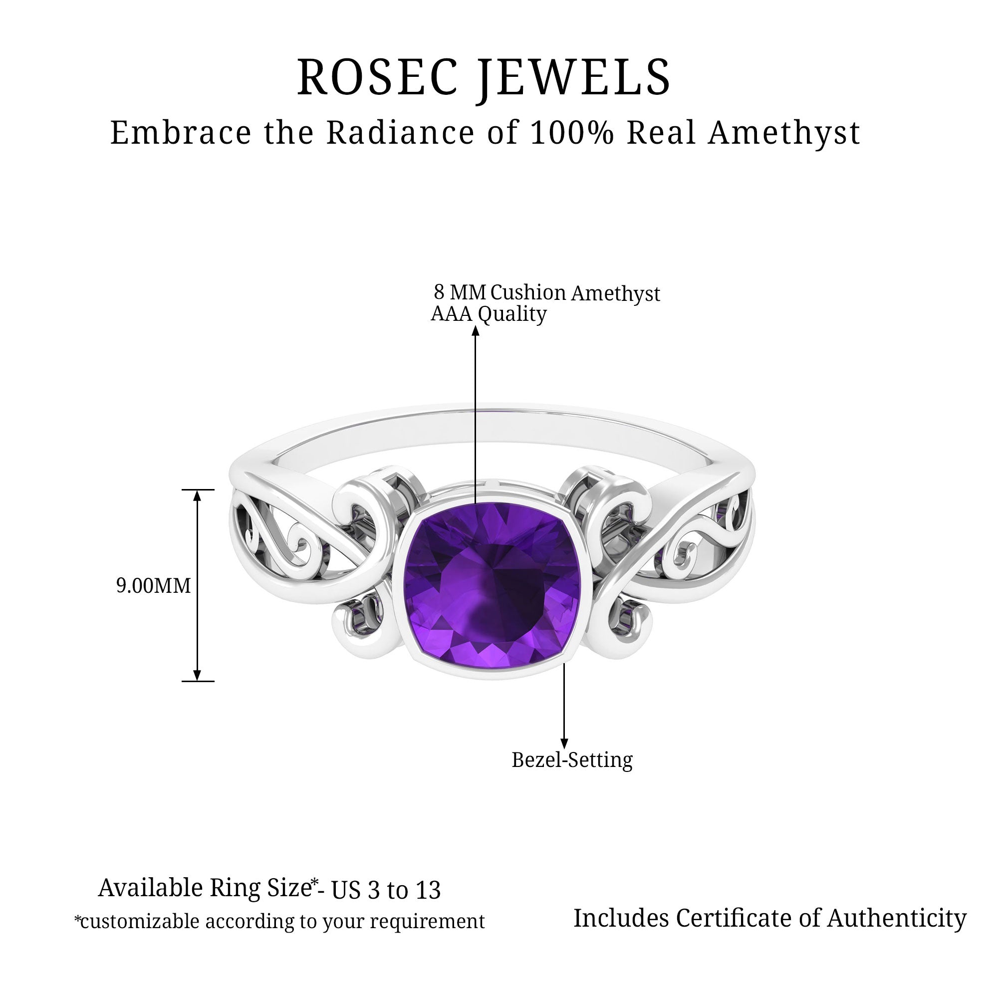 2 CT Vintage Inspired Cushion Cut Amethyst Solitaire Ring Amethyst - ( AAA ) - Quality - Rosec Jewels