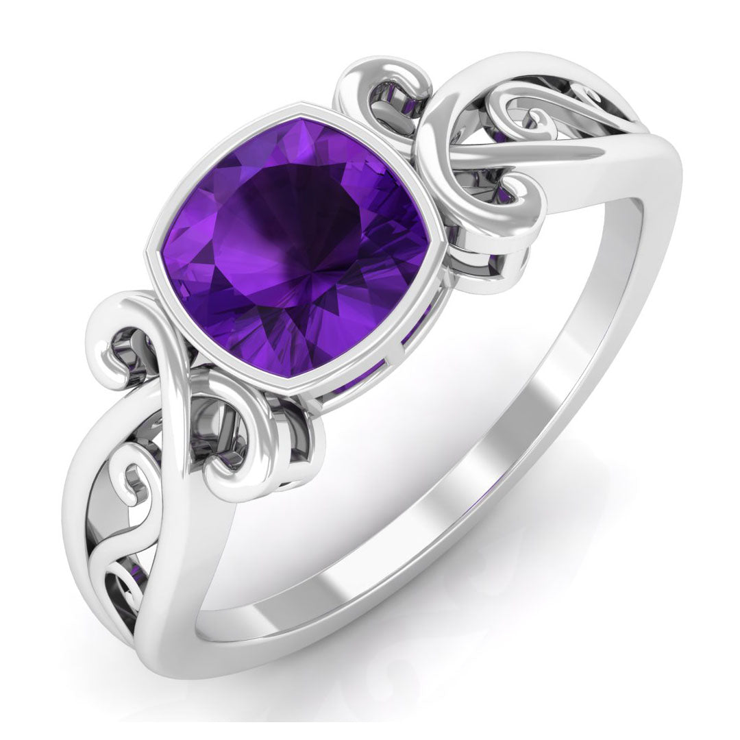 2 CT Vintage Inspired Cushion Cut Amethyst Solitaire Ring Amethyst - ( AAA ) - Quality - Rosec Jewels