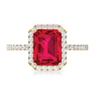 Emerald Cut Lab Grown Ruby Engagement Ring with Diamond Halo Lab Created Ruby - ( AAAA ) - Quality - Rosec Jewels