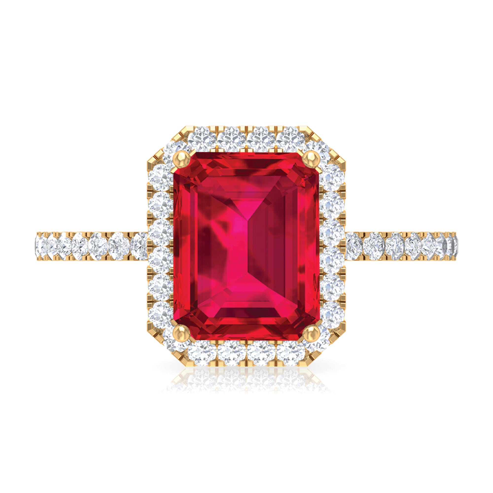 Emerald Cut Lab Grown Ruby Engagement Ring with Diamond Halo Lab Created Ruby - ( AAAA ) - Quality - Rosec Jewels