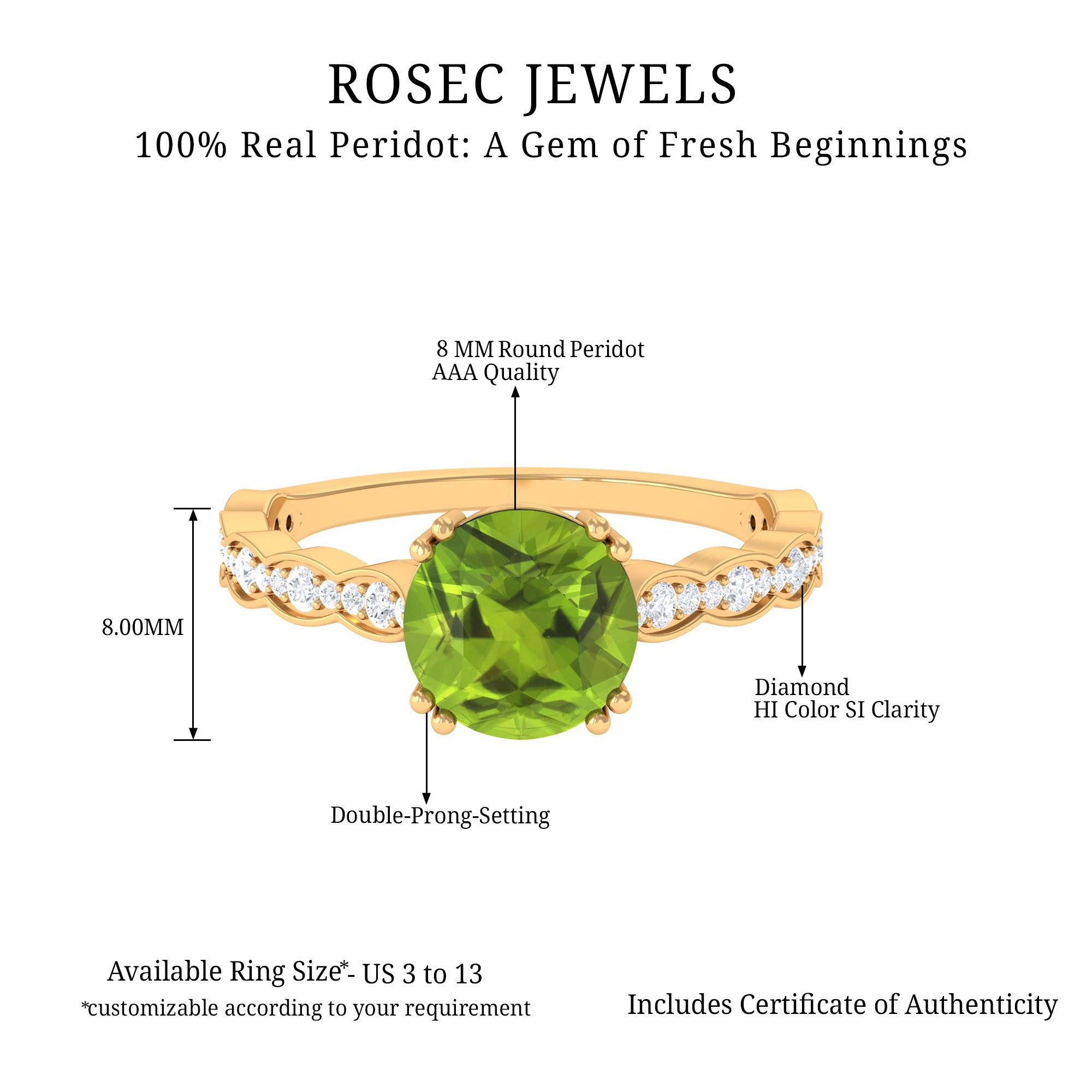 Double Prong Set Peridot Solitaire Ring with Diamond Side Stones Peridot - ( AAA ) - Quality - Rosec Jewels