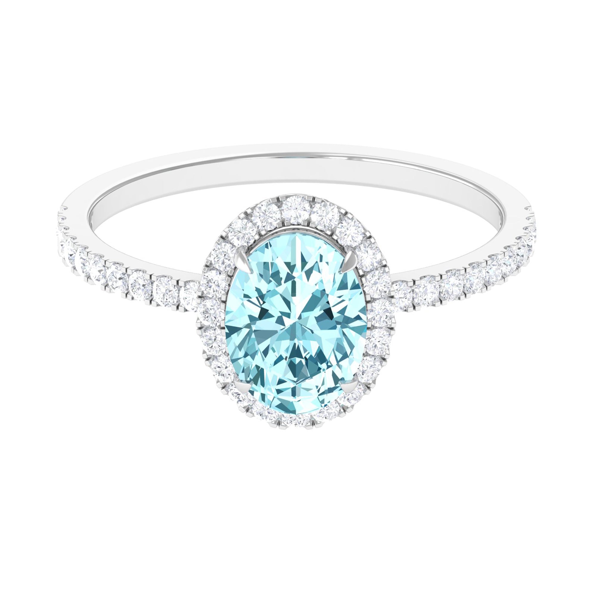 Diamond Halo Engagement Ring with 6X8 MM Claw Set Aquamarine Solitaire Aquamarine - ( AAA ) - Quality - Rosec Jewels