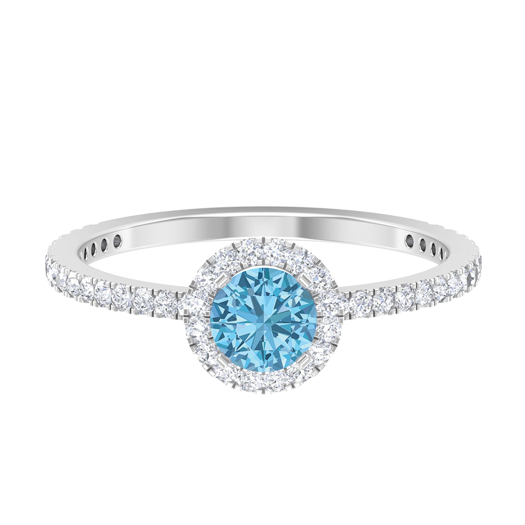 Minimal Blue Aquamarine Ring with Diamond Accent Aquamarine - ( AAA ) - Quality - Rosec Jewels