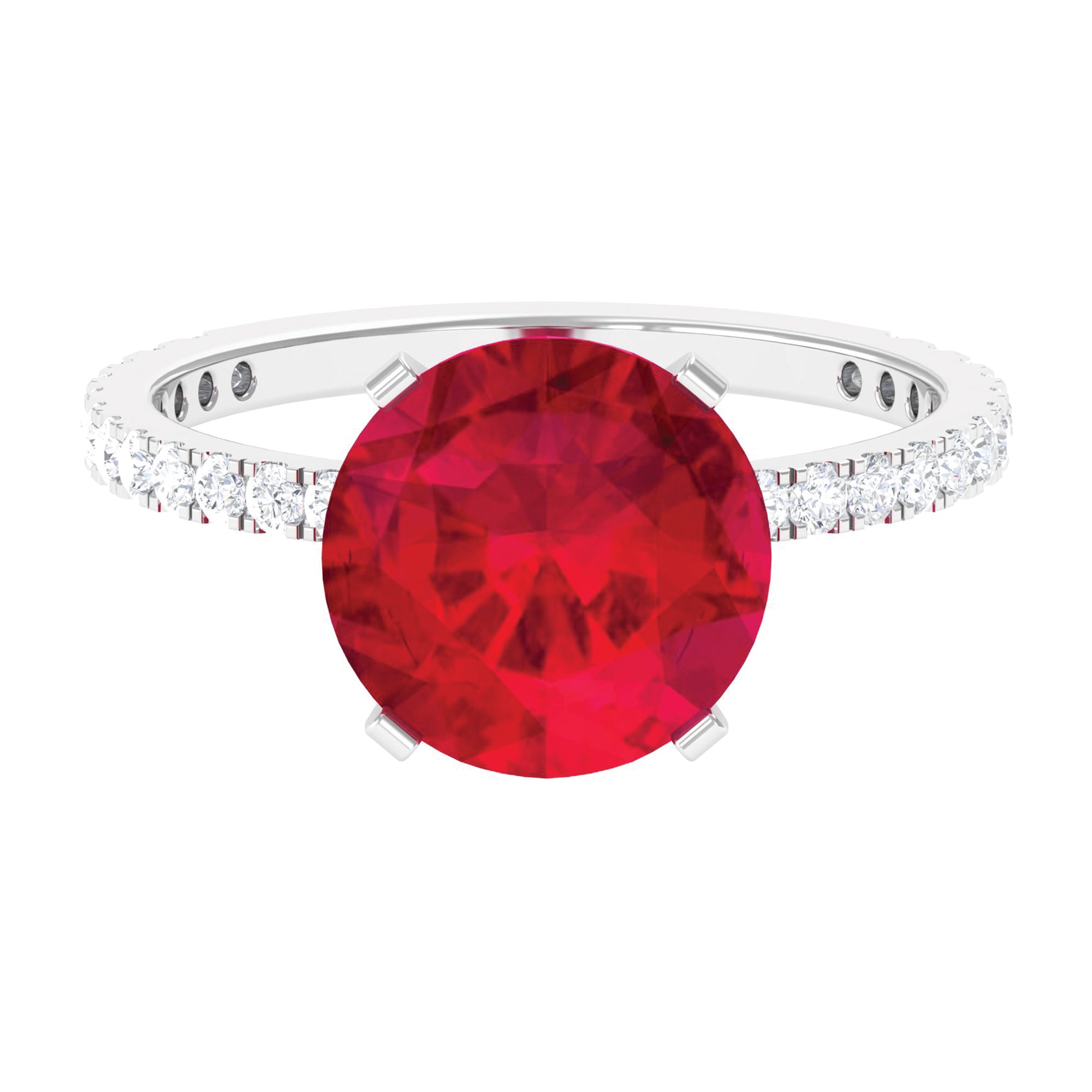 Created Ruby Solitaire Ring with Diamond Side Stones Lab Created Ruby - ( AAAA ) - Quality - Rosec Jewels