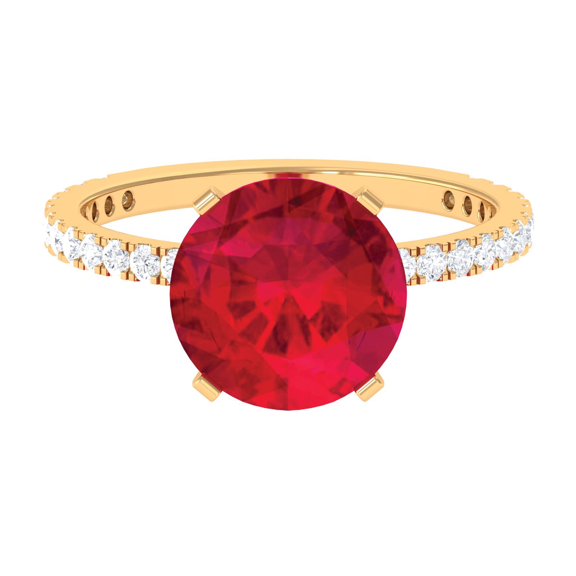 Created Ruby Solitaire Ring with Diamond Side Stones Lab Created Ruby - ( AAAA ) - Quality - Rosec Jewels