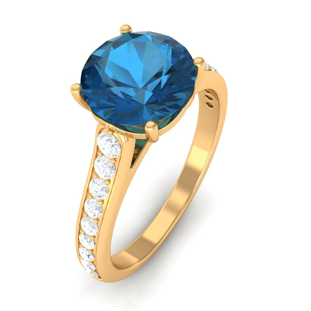 London Blue Topaz Solitaire Ring with Diamond Accent London Blue Topaz - ( AAA ) - Quality - Rosec Jewels