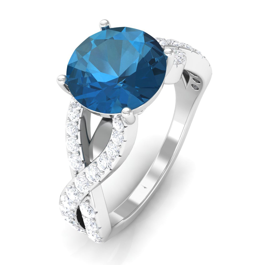 4 Prong Set Solitaire London Blue Topaz Crossover Ring with Diamond Accent London Blue Topaz - ( AAA ) - Quality - Rosec Jewels