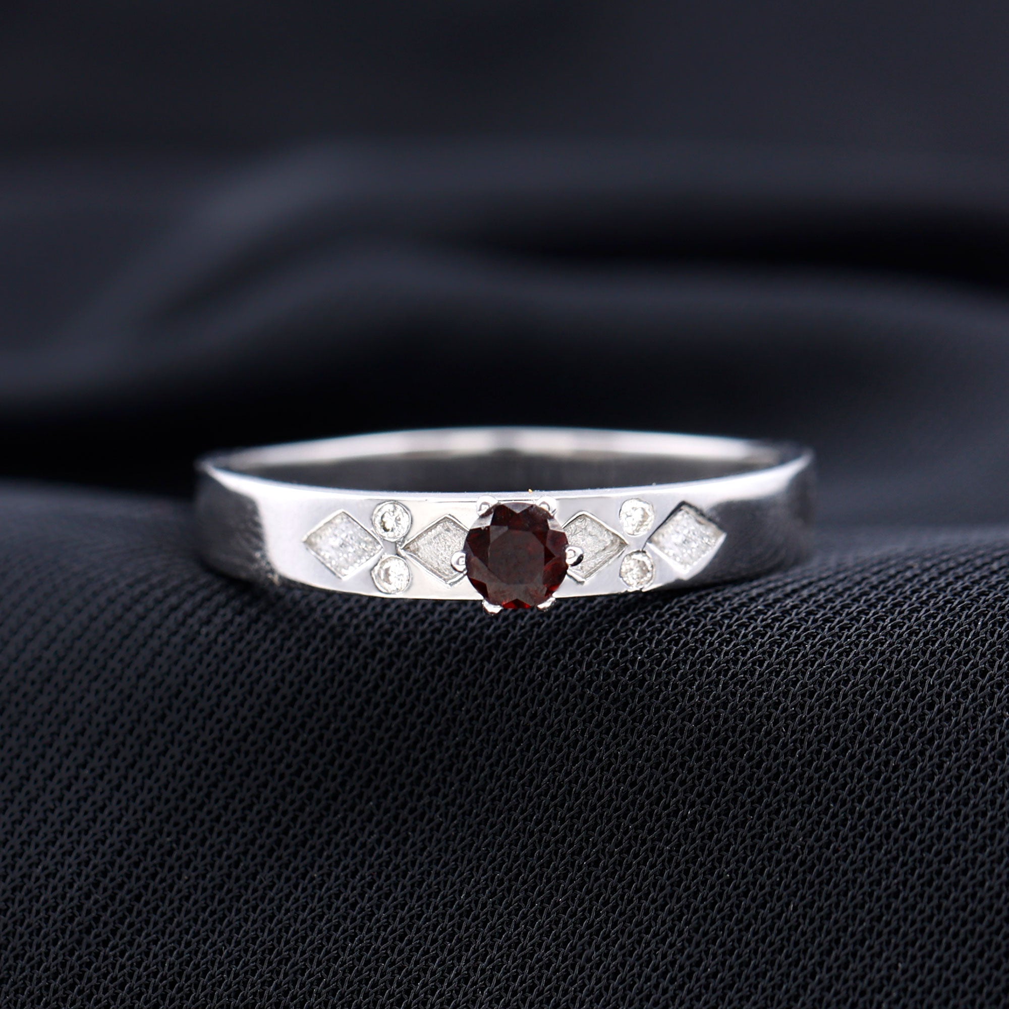 Natural Round Garnet Solitaire Band Ring Garnet - ( AAA ) - Quality - Rosec Jewels