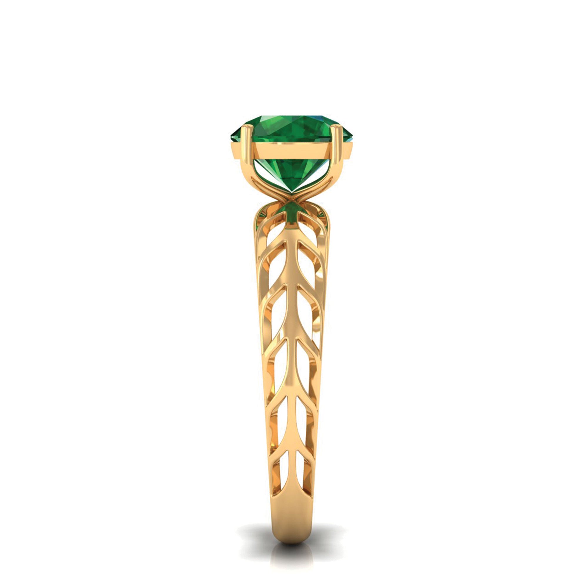 8 MM Round Created Emerald Solitaire Engagement Ring with Gold Filigree Details Lab Created Emerald - ( AAAA ) - Quality - Rosec Jewels