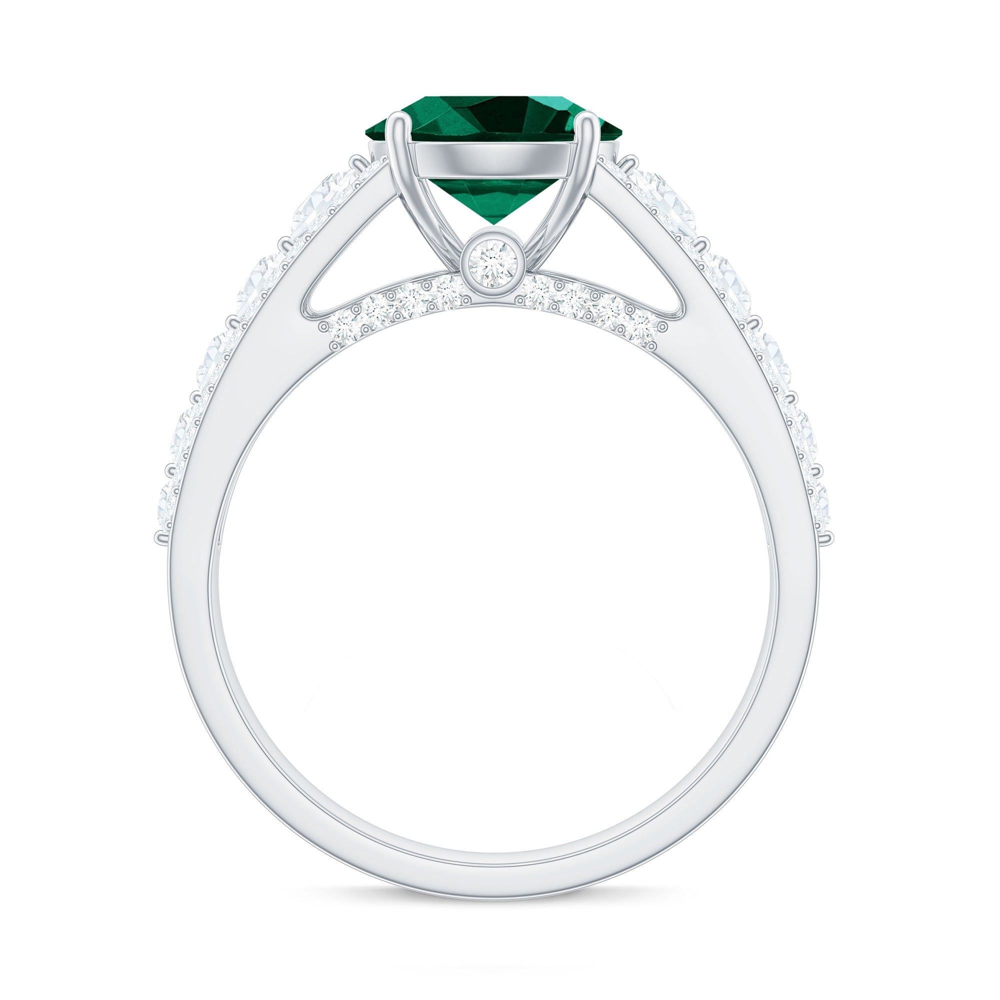 Created Emerald Engagement Ring with Moissanite Side Stones Lab Created Emerald - ( AAAA ) - Quality - Rosec Jewels