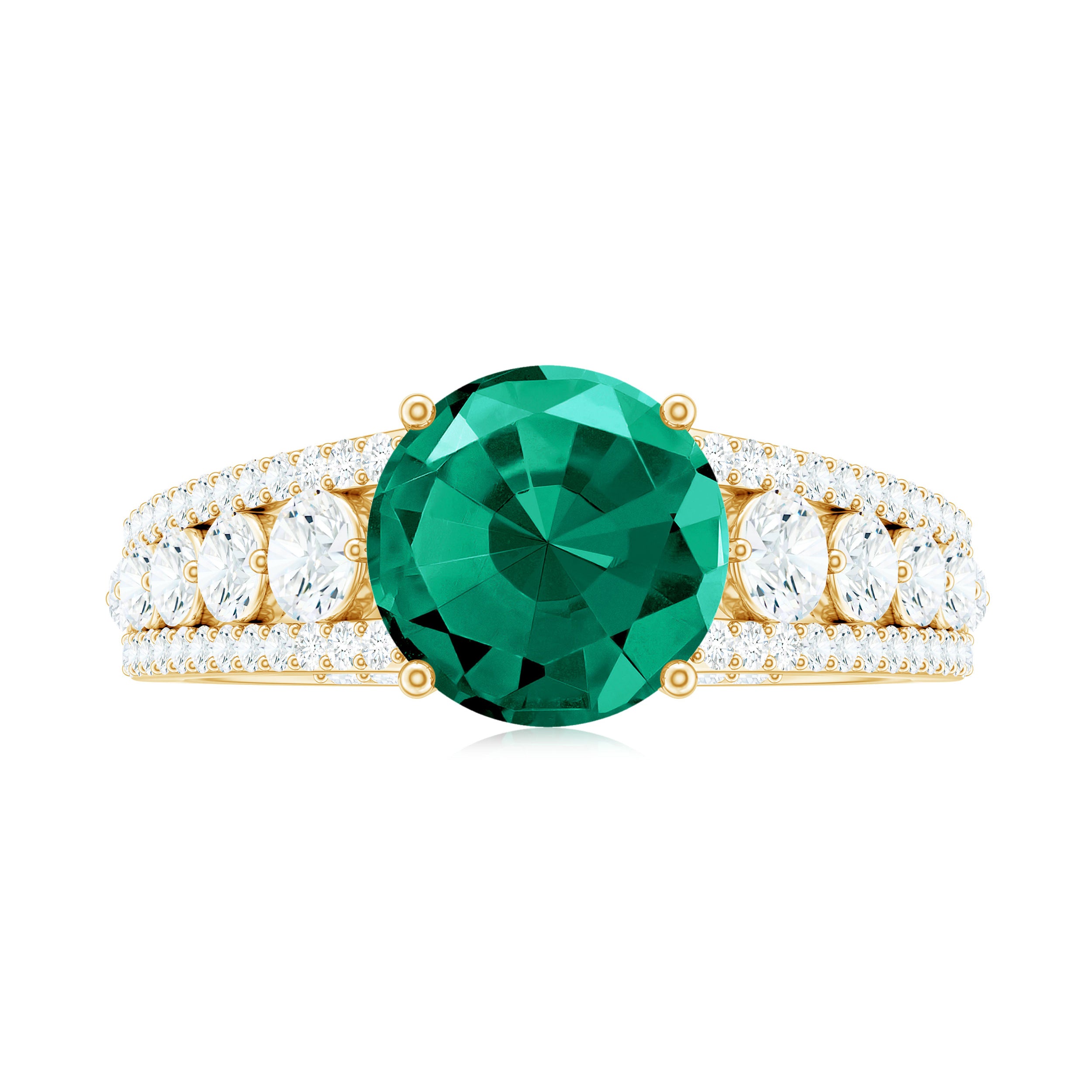 Created Emerald Engagement Ring with Moissanite Side Stones Lab Created Emerald - ( AAAA ) - Quality - Rosec Jewels