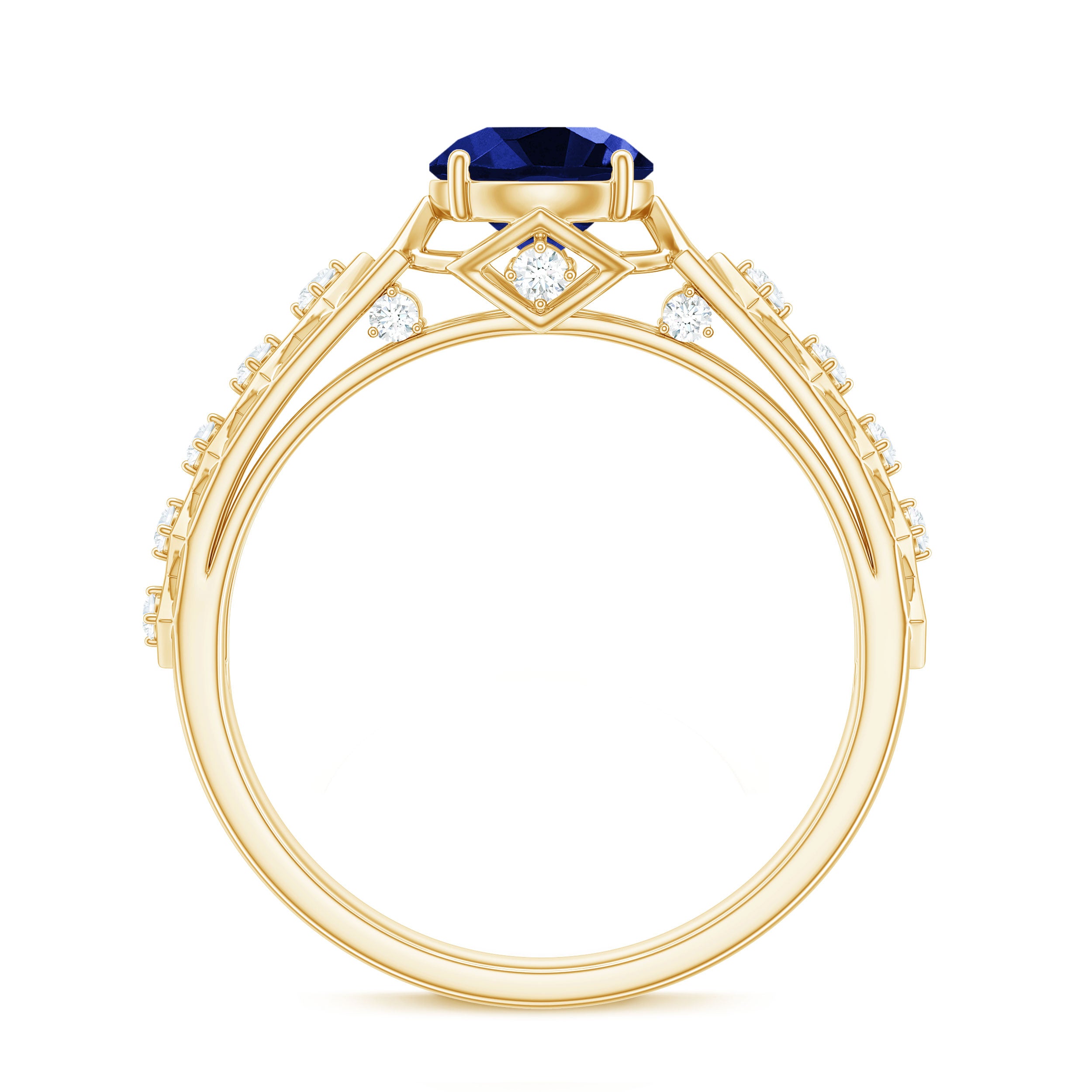 Round Lab Grown Blue Sapphire Solitaire Ring with Diamond Lab Created Blue Sapphire - ( AAAA ) - Quality - Rosec Jewels