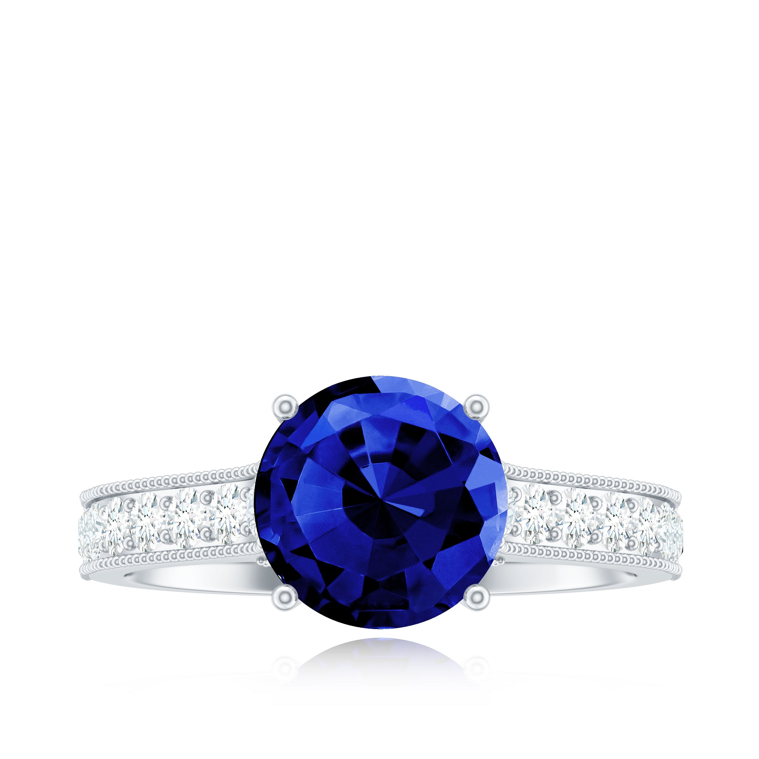 Rosec Jewels-2.50 CT Created Blue Sapphire Solitaire Engagement Ring with Diamond and Milgrain Detailing