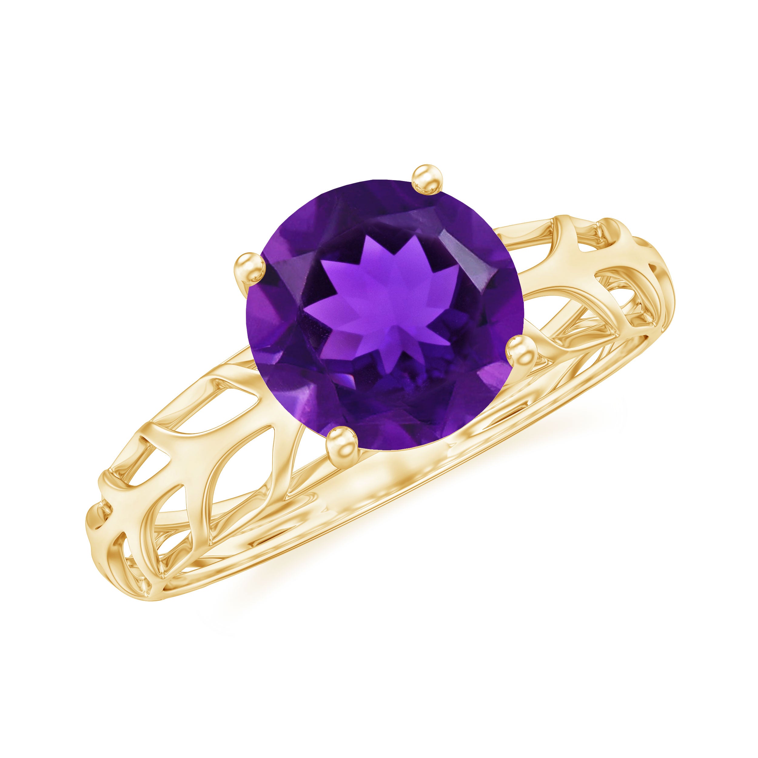 7 MM Round Amethyst Solitaire Engagement Ring with Gold Filigree Details Amethyst - ( AAA ) - Quality - Rosec Jewels