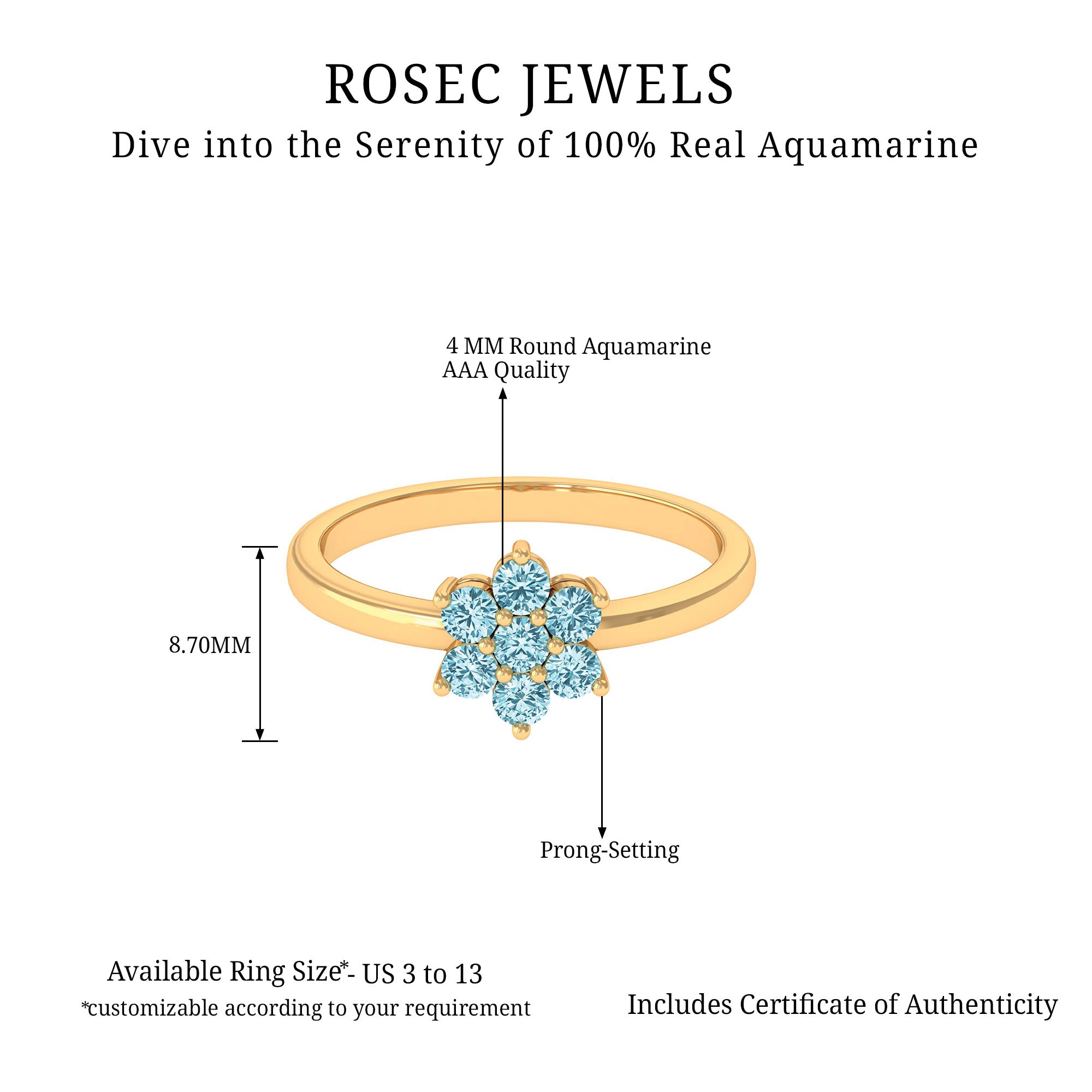 1.75 CT Aquamarine Flower Anniversary Ring in Gold Aquamarine - ( AAA ) - Quality - Rosec Jewels