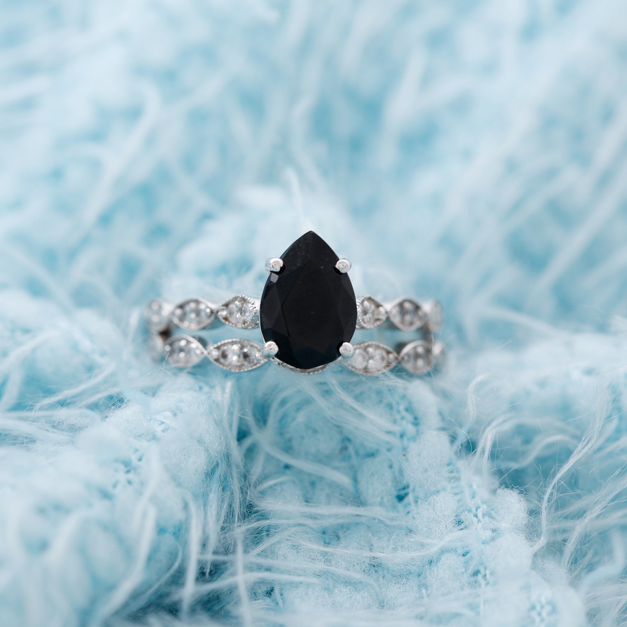 Lab Grown Black Diamond Teardrop Engagement Ring with Moissanite Wedding Band Lab Created Black Diamond - ( AAAA ) - Quality - Rosec Jewels