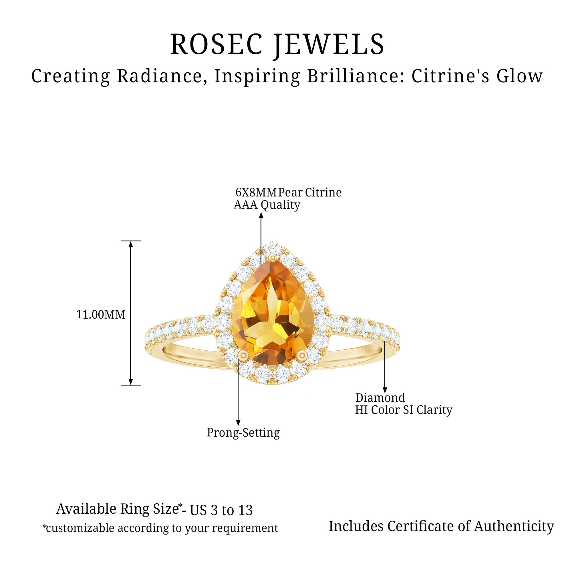 1.5 CT Citrine Teardrop Ring with Diamond Halo Citrine - ( AAA ) - Quality - Rosec Jewels