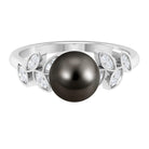 Tahitian Black Pearl and Diamond Leaf Minimal Engagement Ring Tahitian pearl - ( AAA ) - Quality - Rosec Jewels