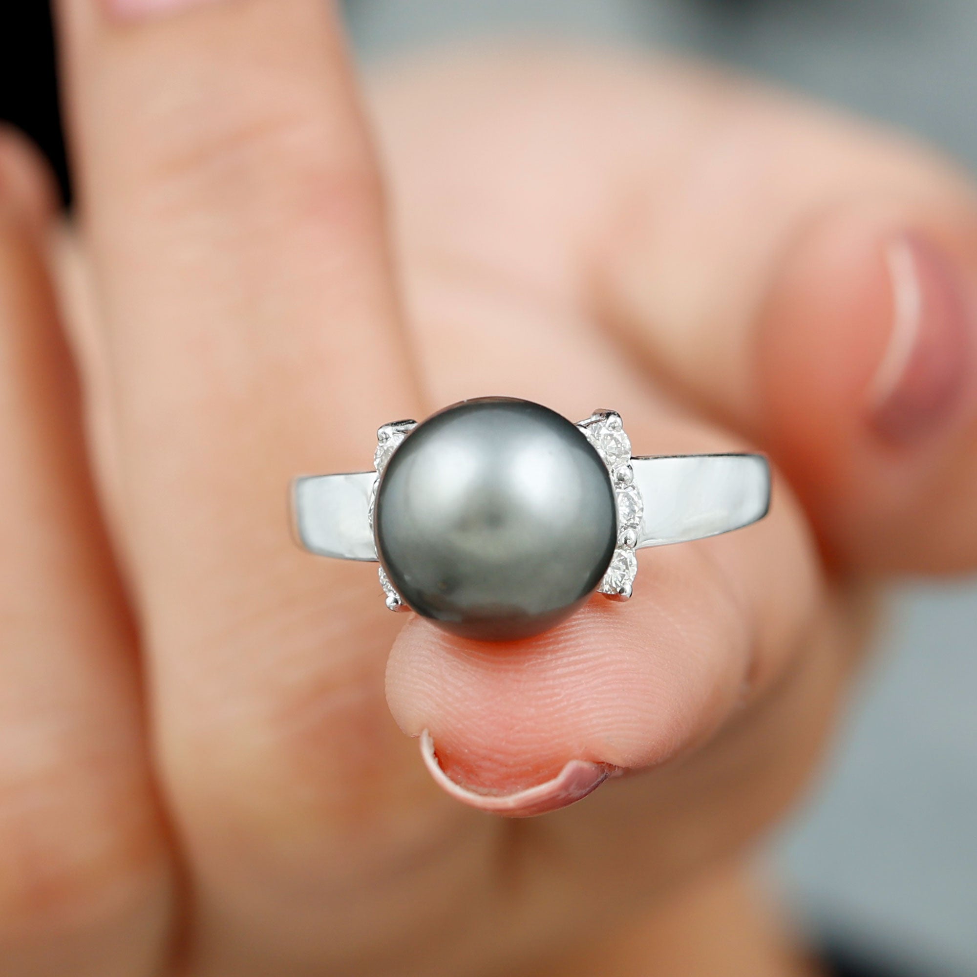 8 CT Real Tahitian Pearl Solitaire Ring with Diamond Tahitian pearl - ( AAA ) - Quality - Rosec Jewels