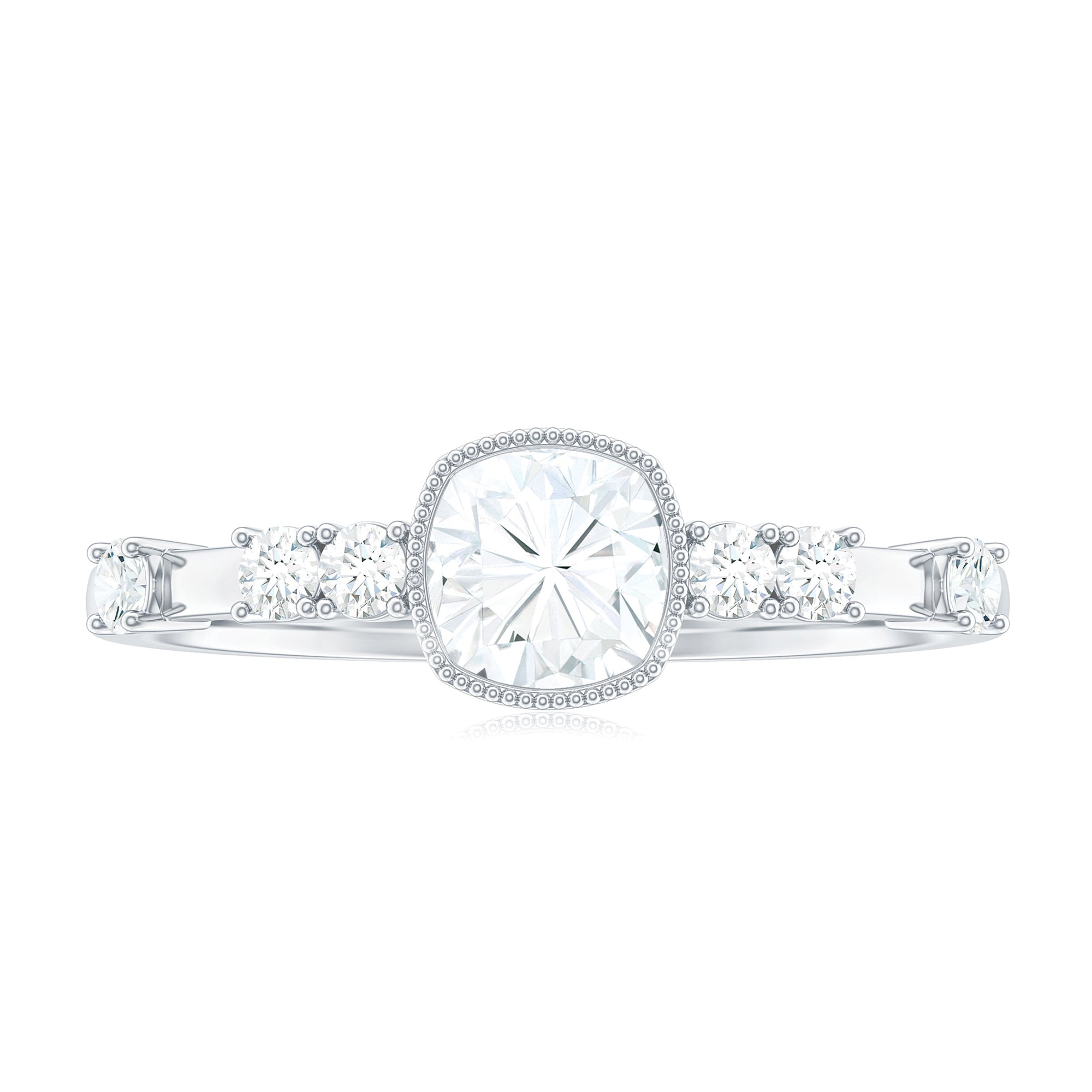 Cushion Cut Moissanite Solitaire Engagement Ring in Beaded Bezel Setting Moissanite - ( D-VS1 ) - Color and Clarity - Rosec Jewels