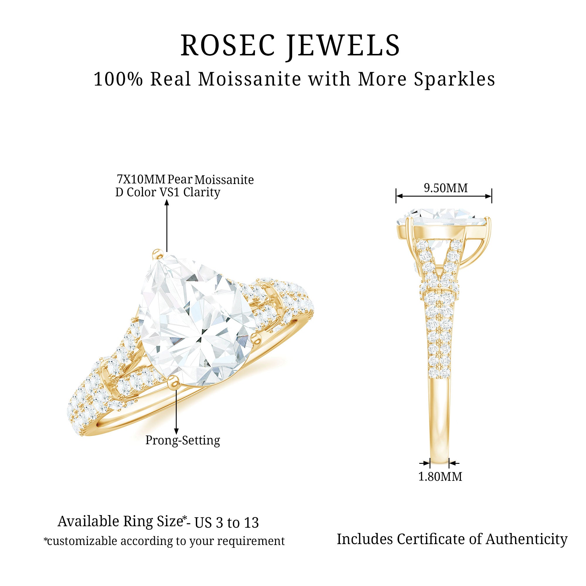 Pear Shaped Moissanite Solitaire Engagement Ring in Split Shank Moissanite - ( D-VS1 ) - Color and Clarity - Rosec Jewels