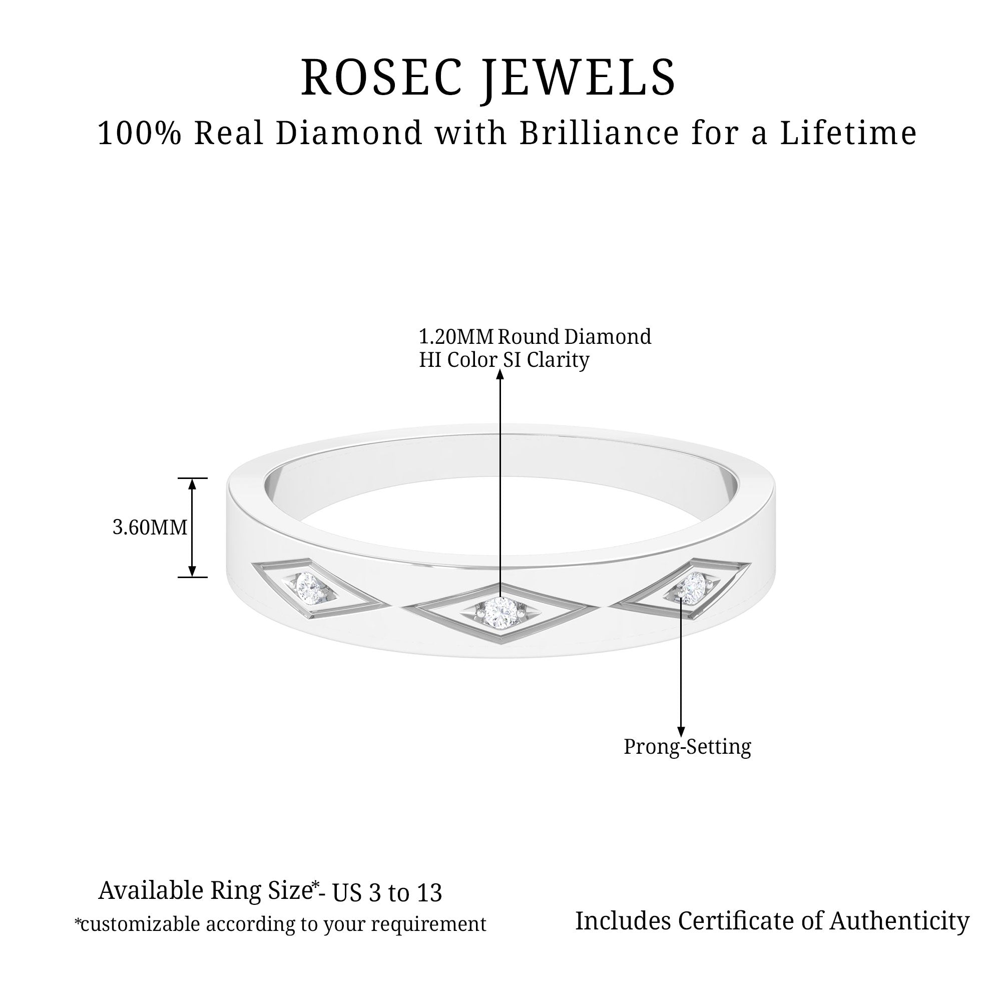 Simple Three Diamond Wedding Band Ring Diamond - ( HI-SI ) - Color and Clarity - Rosec Jewels